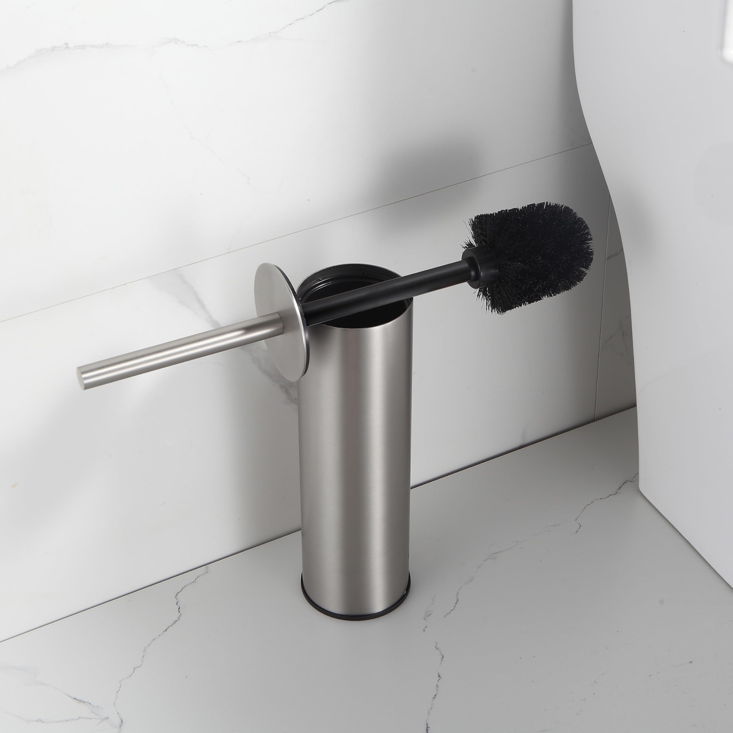 BGL 304 Brosse à WC en Acier Inoxydable Seau Long Brosse à WC Ronde sur Pied avec Support pour la décoration de la Salle de Bain Nickel Brossé