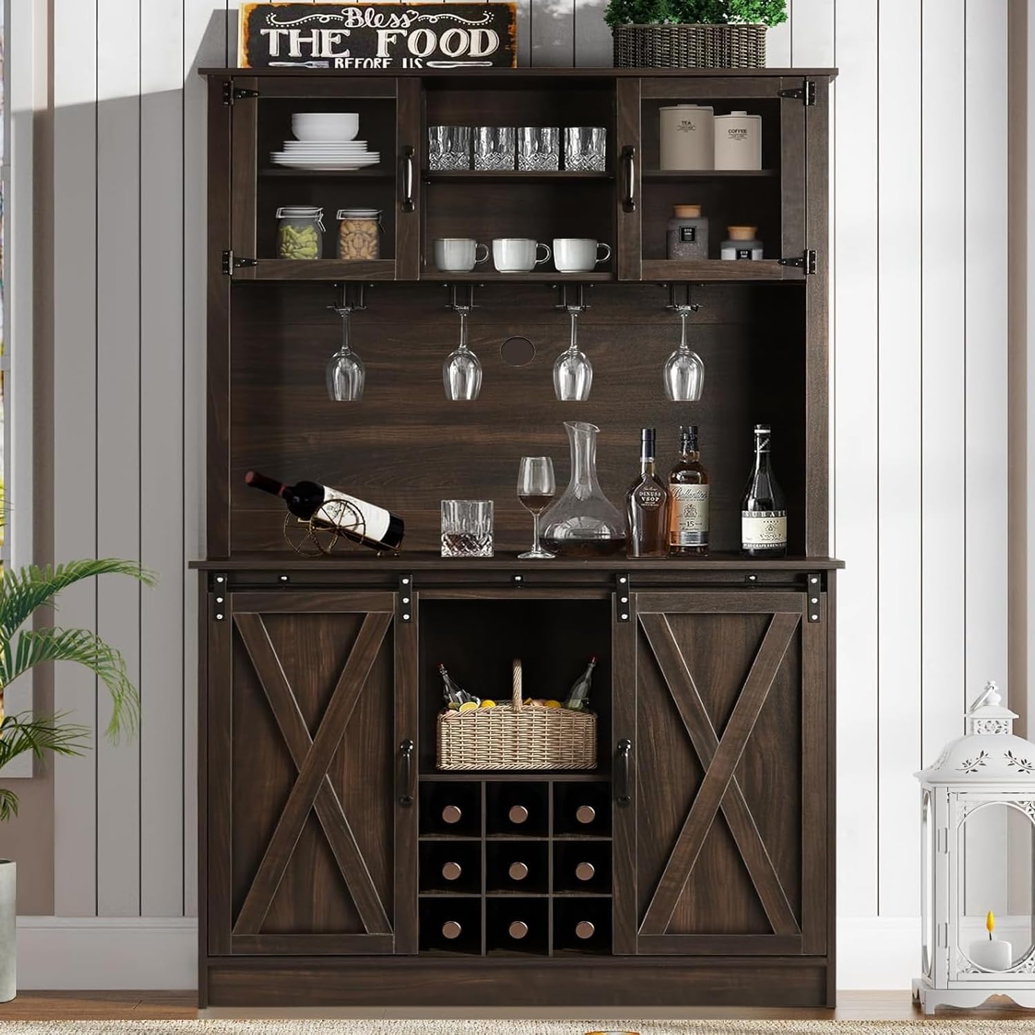 4ever2buy Farmhouse Coffee Bar Cabinet with 4 Mug Hooks, 72 Inch Wine Bar with with Hutch and 2 Sliding Barn Doors, Tall Coffee Bar with 9 Wine Racks for Living Dining Room, Dark Oak