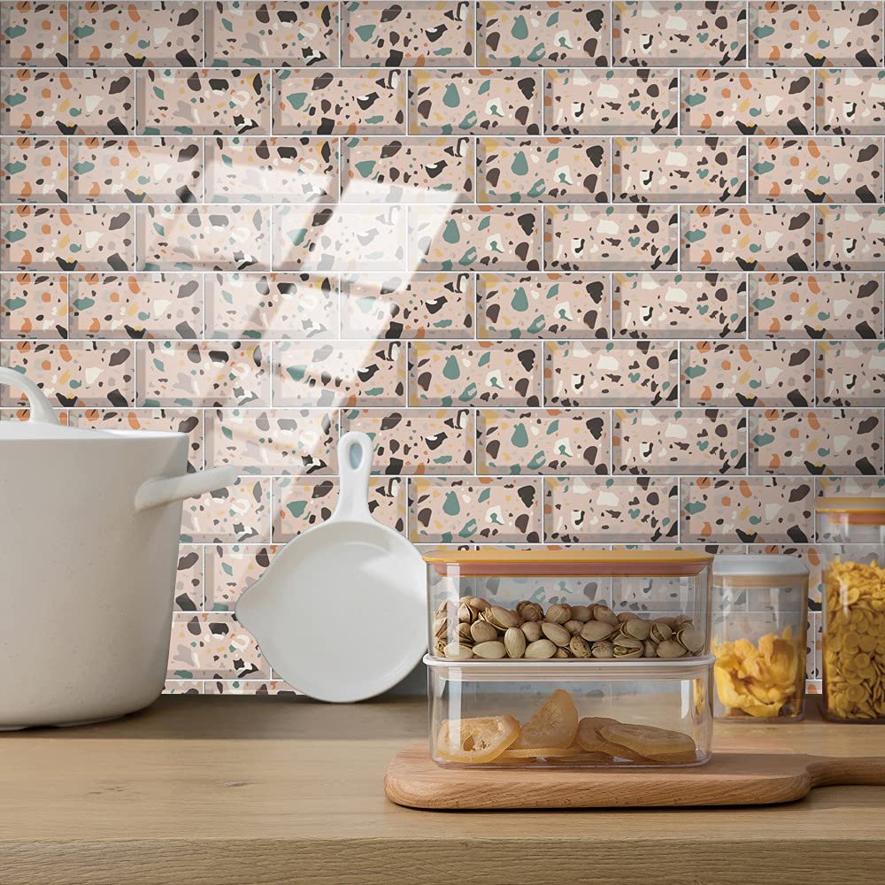 LMYSXAOZ Tile Stickers Stick on Tiles, Self Adhesive Wall Tiles for Kitchen Bathroom, Oil Proof Peel and DIY Floor Marble 20x10cm (48PCS,Pink)