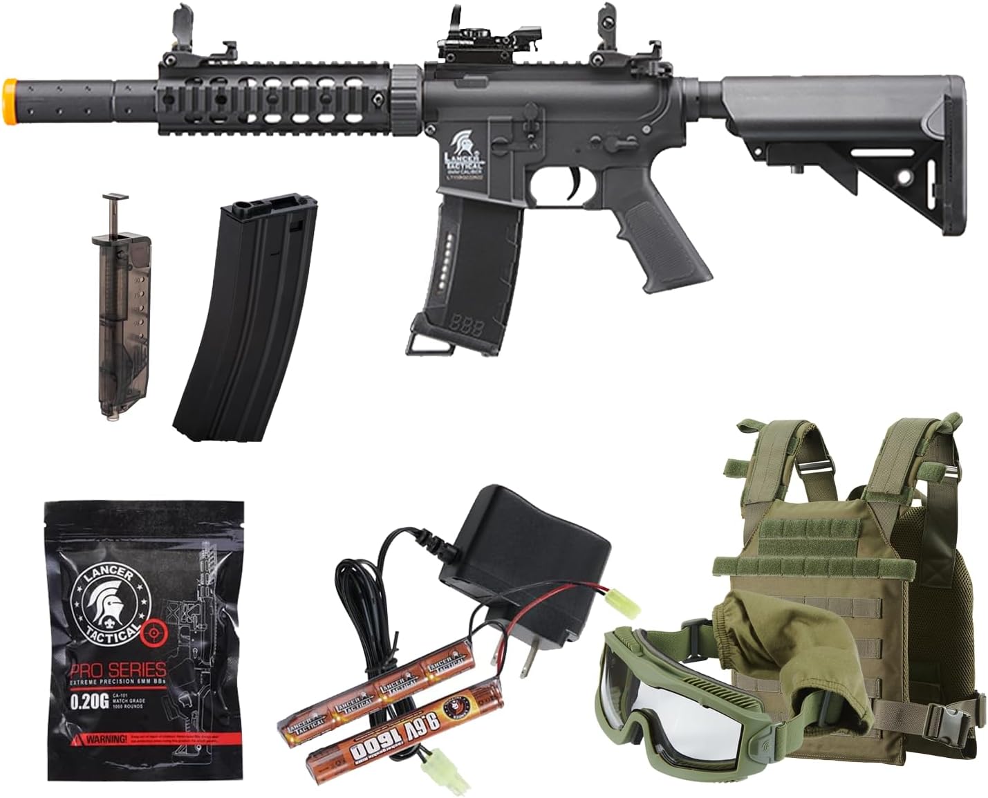 Lancer Tactical Gen 2 M4 Airsoft Rifle Full Starter Package – Includes High-Speed Magazine, Goggles, Tactical Vest, Red Dot Sight, Battery, Charger, and BBS