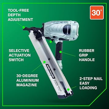 Metabo HPT Framing Nailer, Pro-Preferred Framing Tool for Flooring, Truss Build-Up, Roof Decking, and Housing Construction, Quick Switch Nailing, 3-1/2 30 Paper Collated Nails, NR90ADS1