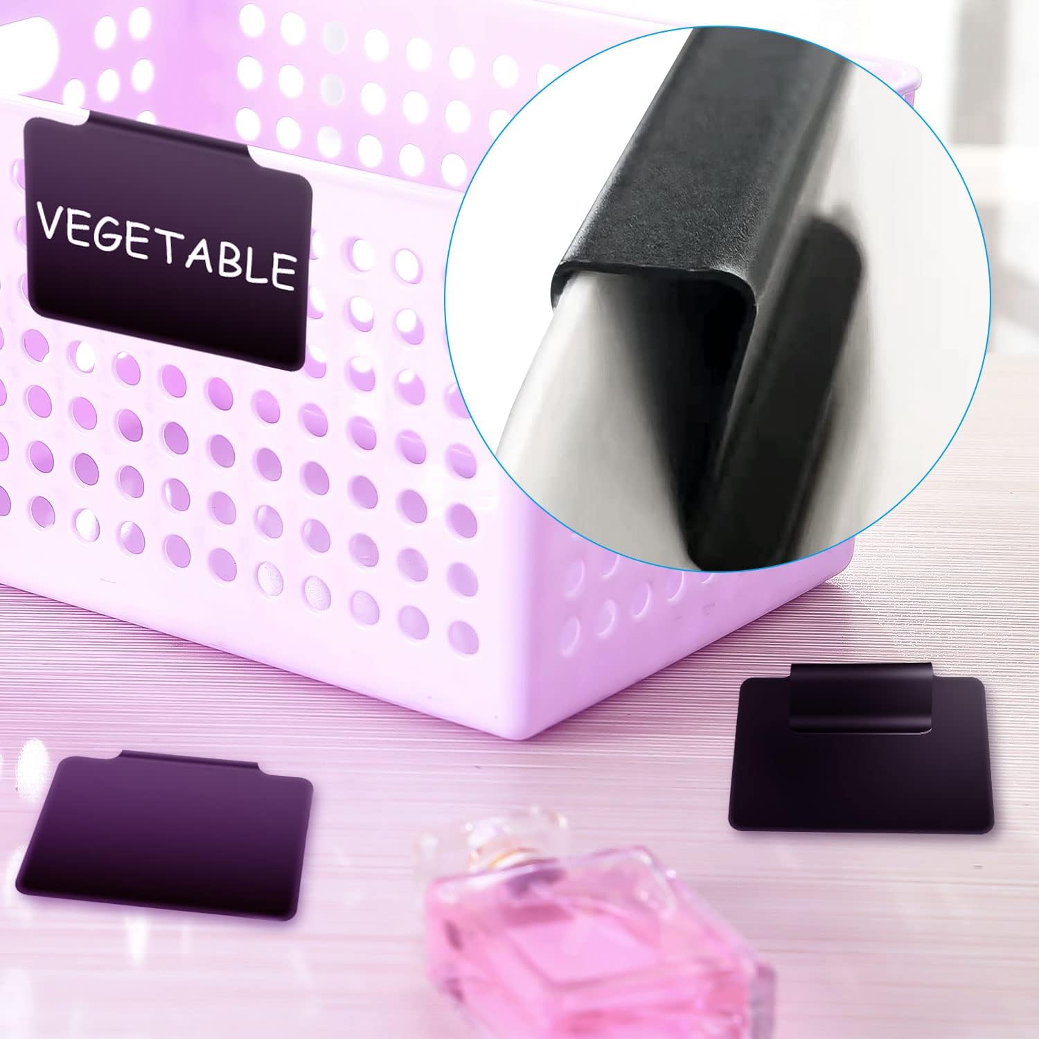 Basket Labels Clip with Plastic Storage Case &3 White Chalk board Markers for 24 Hanging Bins Pantry Organization Removable Small chalkboard Clips label Holder, Home Laundry Fabric Sorting