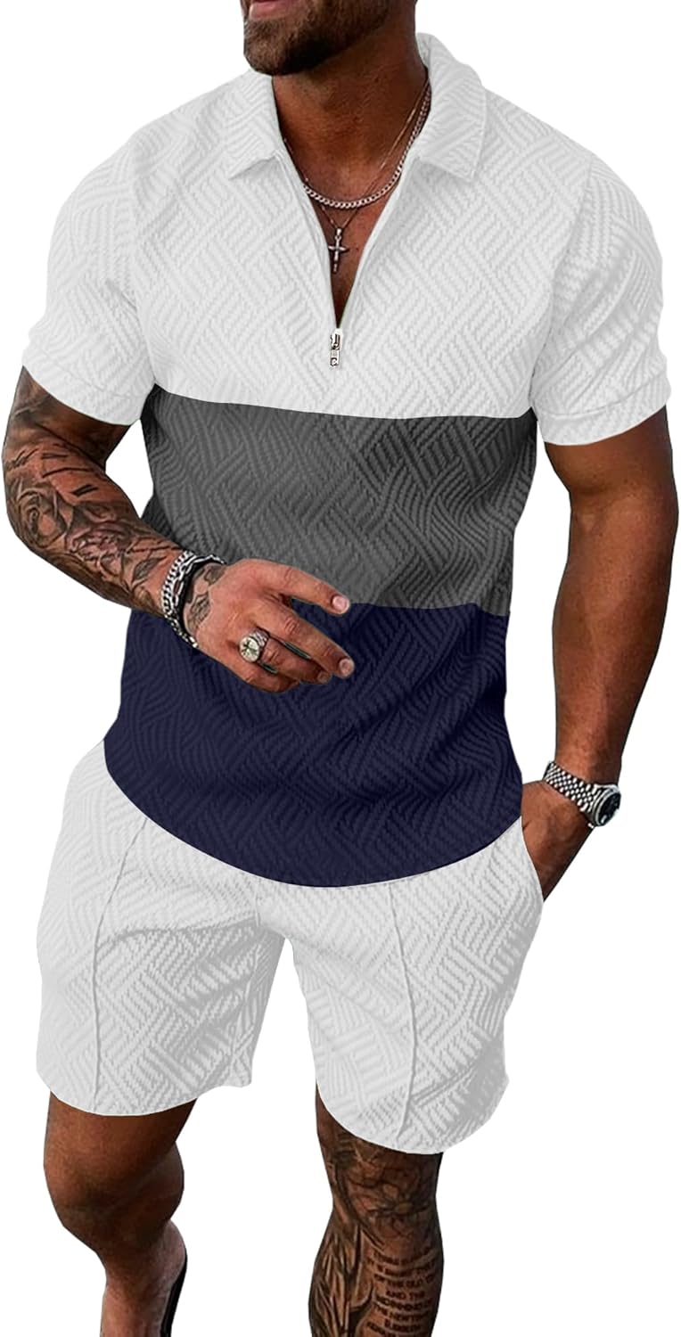 UOUA Mens Summer Track Suits 2 Piece Shorts Sets Short Sleeve Sweatsuit Outfits 1/4 Zip Golf Polo Splicing Striped Shirts