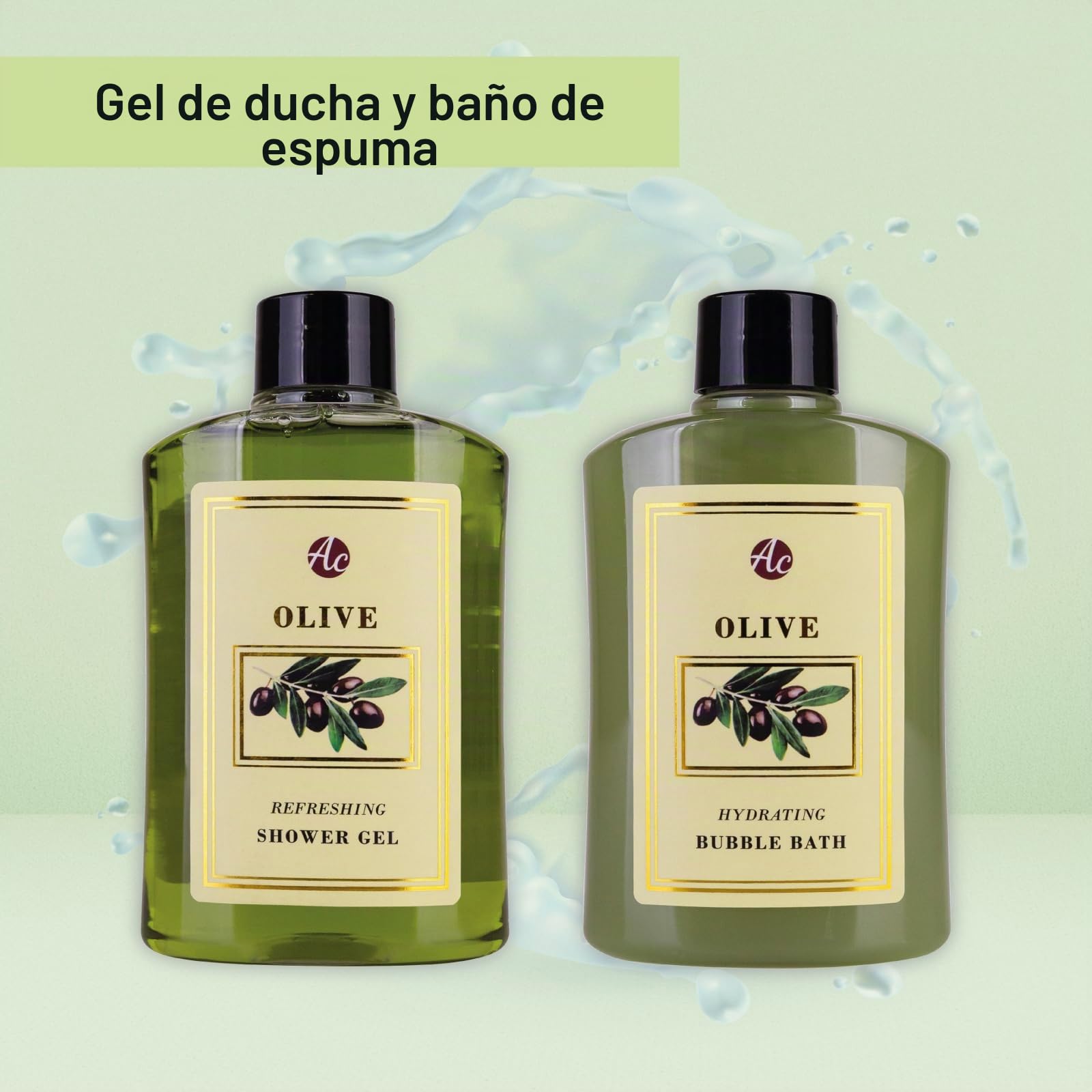 Accentra - Set de baño de regalo para mujer OLIVE en copas de algas marinas, set de ducha regalo con gel de ducha, baño de espuma, bomba de baño y esponja de red, set de bienestar de 4 piezas para