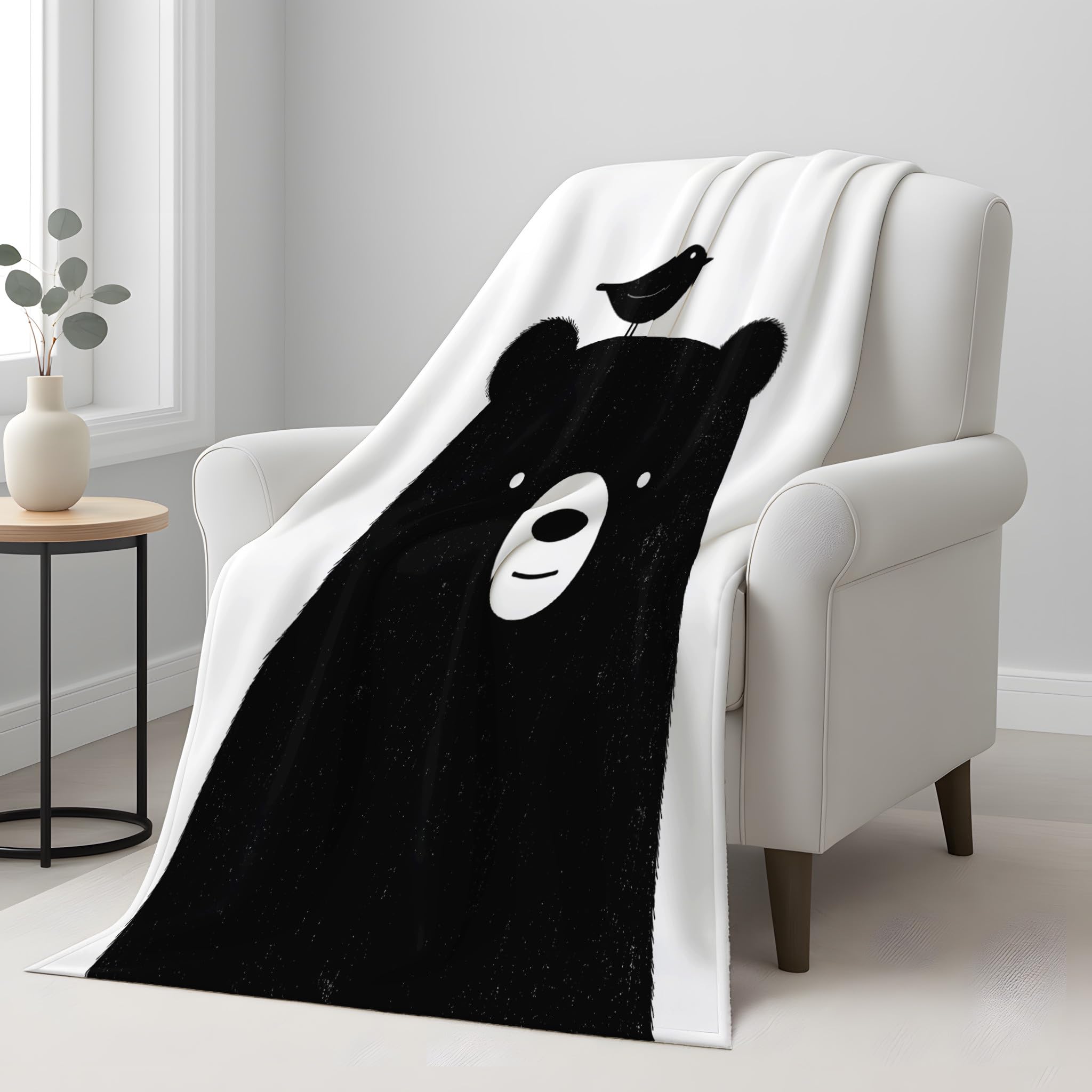 Generico Czarny pluszowy koc miękki 150 x 200 cm - minimalistyczny koc do rzucania na łóżko - miękki niedźwiedź ciepły ptak na sofę przytulny puszysty wysokiej jakości