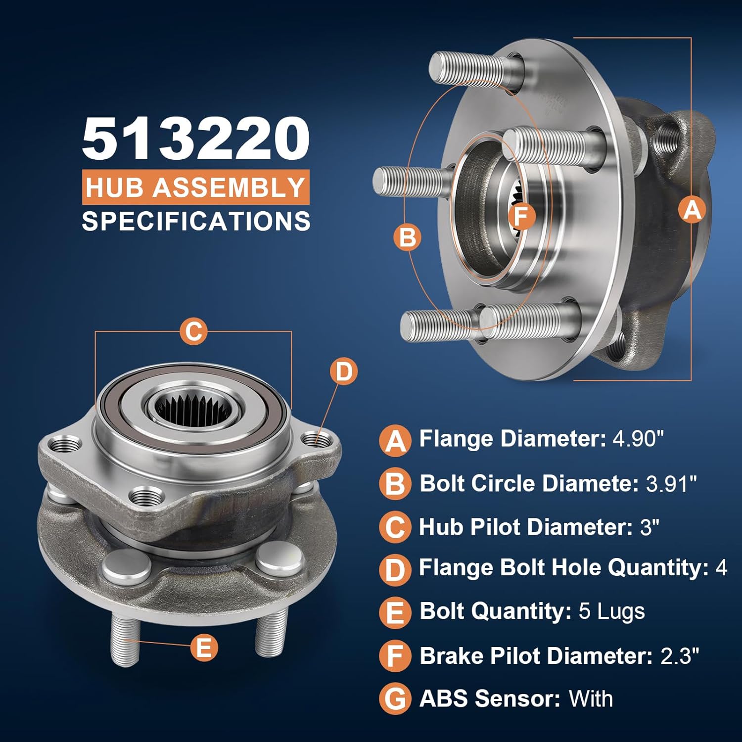 513220 Front Wheel Bearing Hub Assembly Compatible with Subaru 2005 2006 2007 2008 2009 2010 2011 2012 2013 2014 Legacy, 2005-2014 Outback with 5-Lug & ABS BR930473