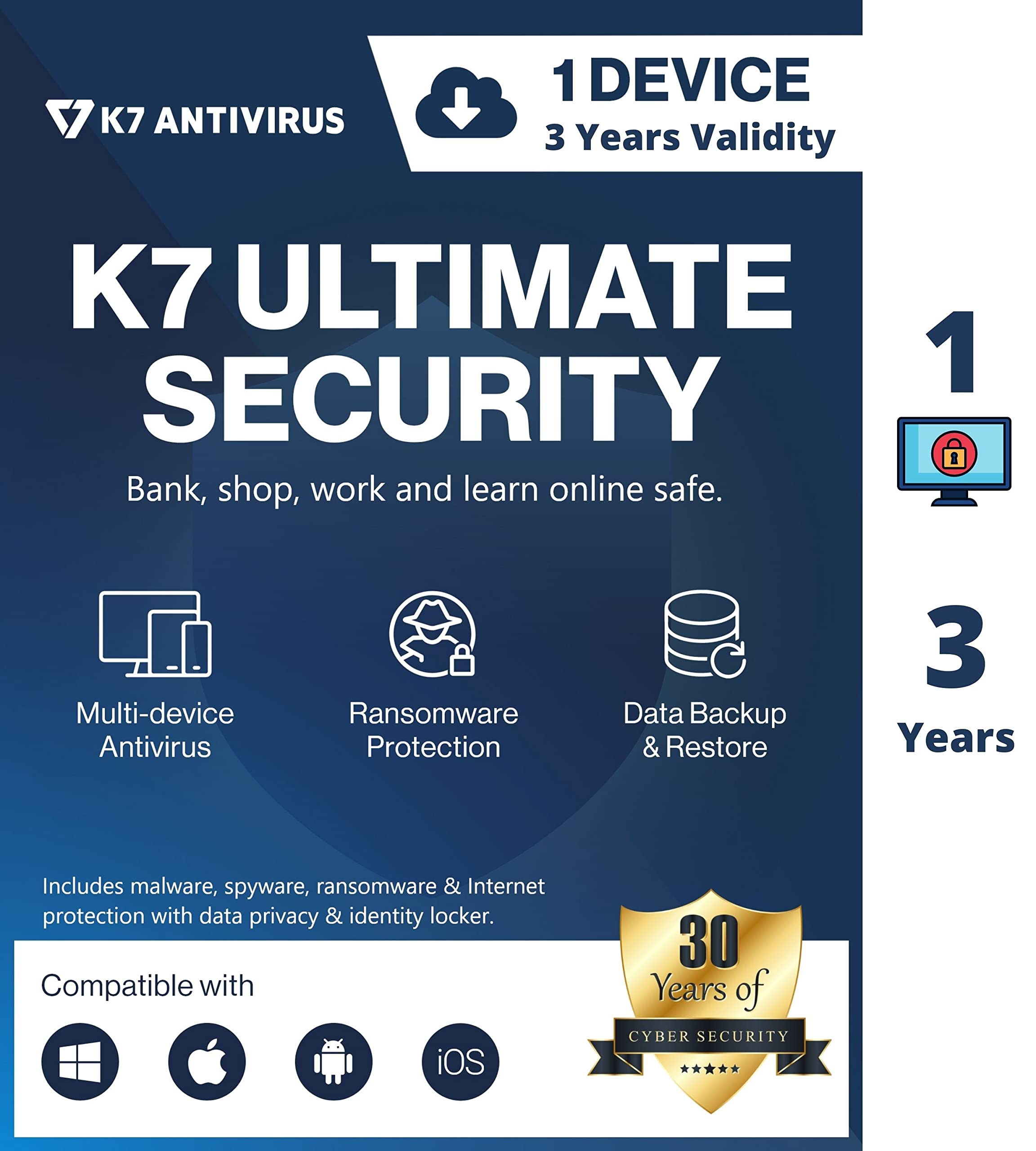 K7 Ultimate Security Antivirus Software 2025 | 1 Device, 3 Years |Threat Protection,Internet Security,Data Backup,Mobile Protection|Windows laptop,PC, Mac®,Phones,Tablets