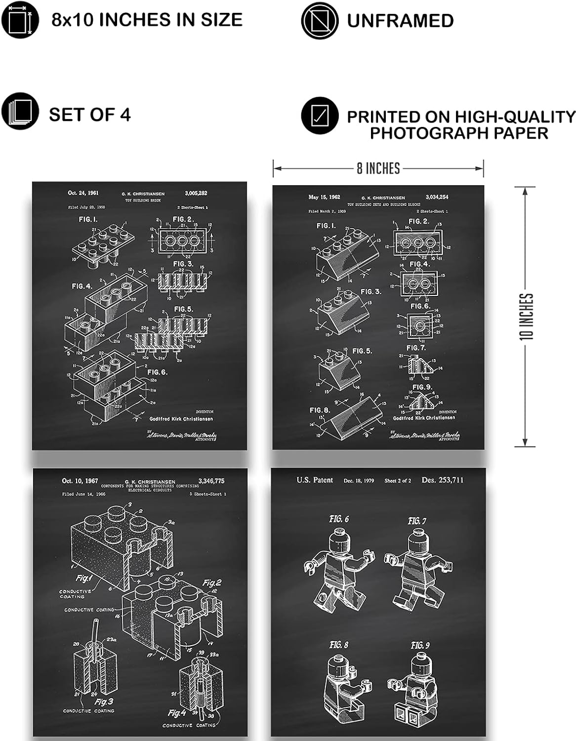 Govivo Legos Patent - A Set of Four Lego Patents Wall Art Decor Prints with dark gray backgrounds - unframed artwork printed on photograph paper image 3