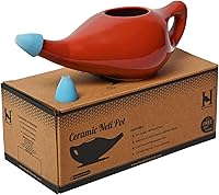 Vista 2 de HealthGoodsIn Neti Pot de cerámica, apto para lavavajillas, hecho a mano con 2 boquillas de silicona y sal para sinusitis - 7.6 fl oz de capacidad