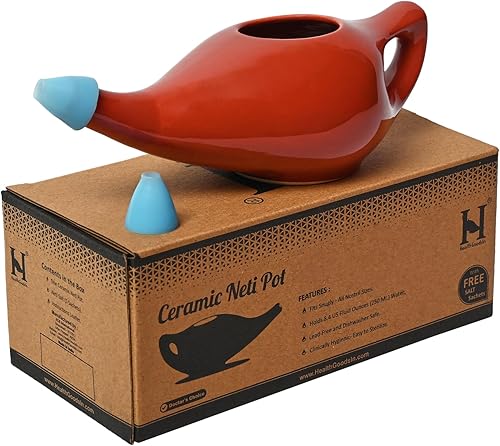 Miniatura 2 de HealthGoodsIn Neti Pot de cerámica, apto para lavavajillas, hecho a mano con 2 boquillas de silicona y sal para sinusitis - 7.6 fl oz de capacidad