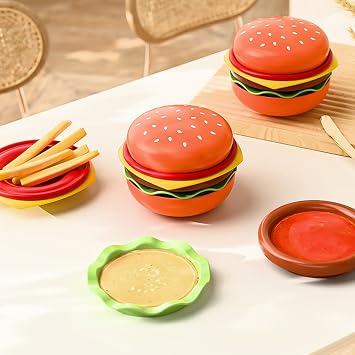 5PCS Hamburger Shaped Ceramic Dish Dishwasher and Microwave Safe Multi-Pass Burger Theme Serving Set for Family Meal Party
