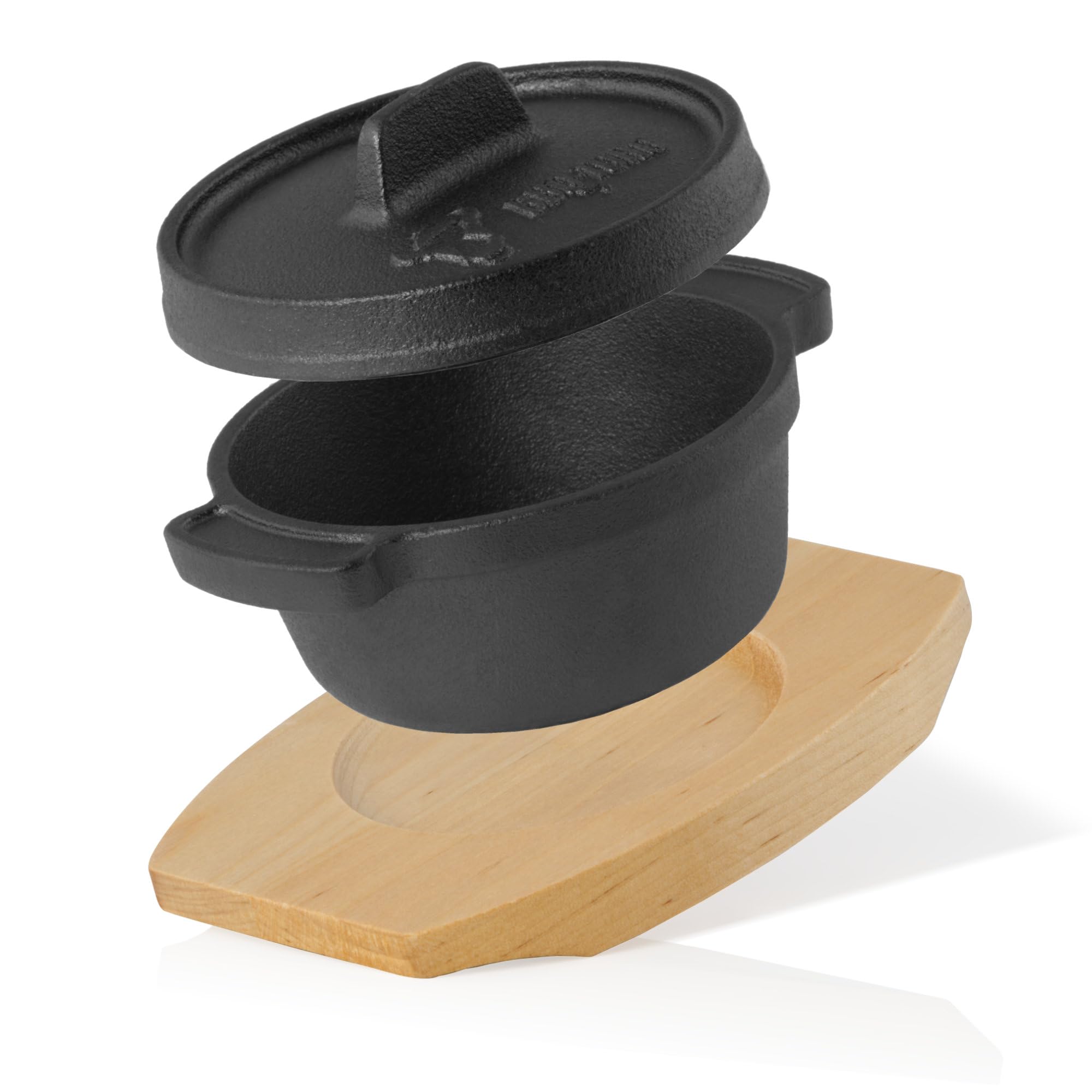 BBQ-Toro Mini Dutch Oven (1 pezzo) | Ø 11 cm | Casseruola da portata in ghisa con supporto in legno | già pretrattata - preseasoned | Piccola casseruola da forno in ghisa