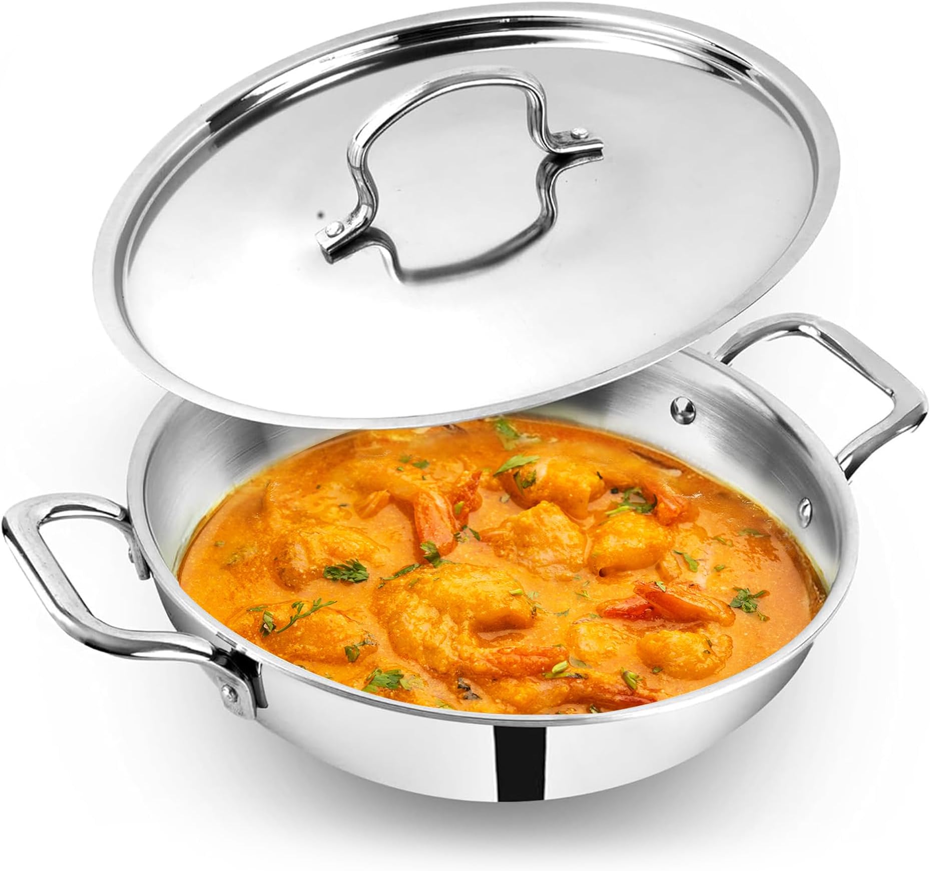 The Indus Valley Triply Stainless Steel Kadai/Kadhai with Steel Lid | 22cm/8.6 inch, 2.3Ltr, 1.40kg | Induction Friendly | Nonstick 3-Layer Body, 100% Toxin-Free, No Chemical Coating