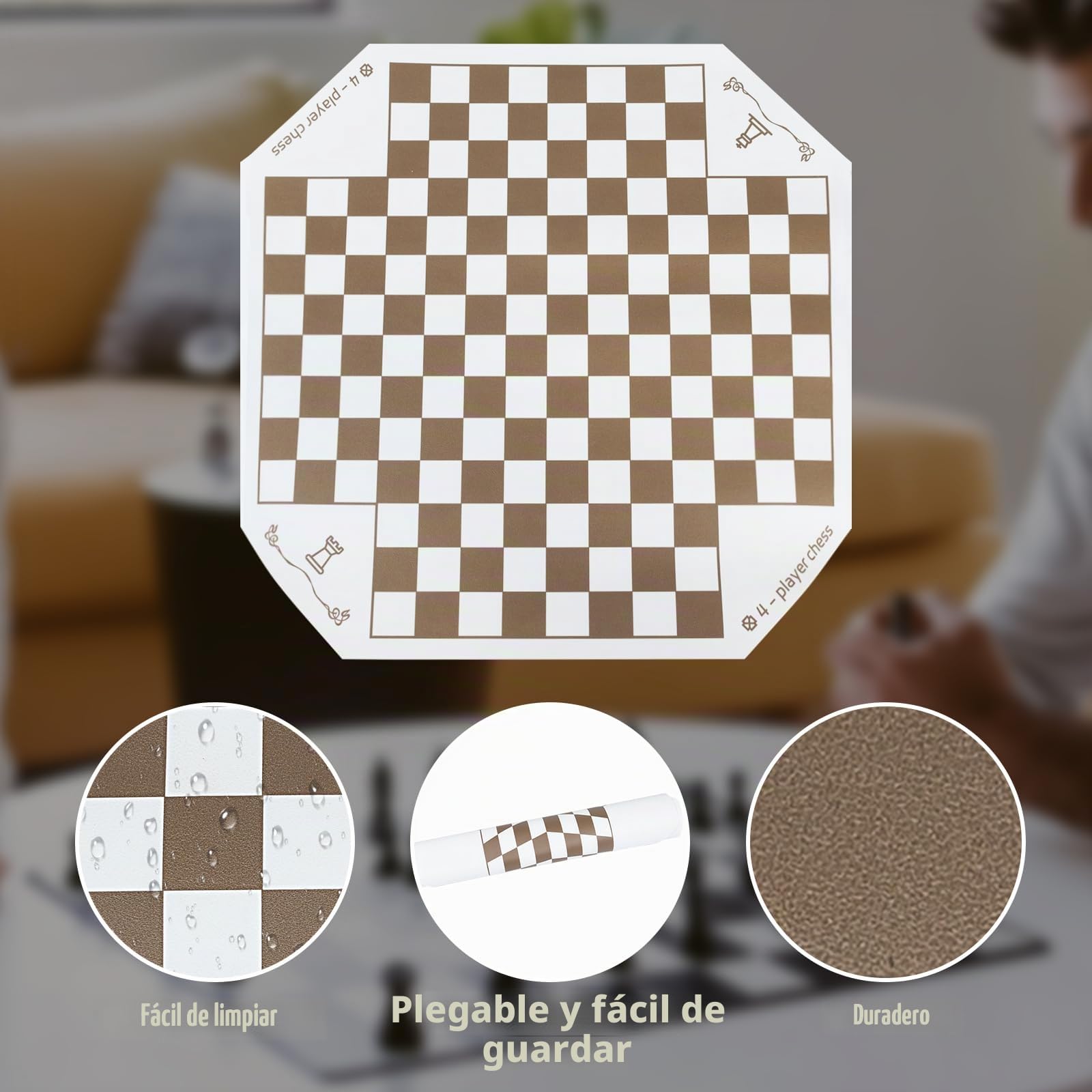Juego de mesa de ajedrez para 3 o 4 jugadores, juego de ajedrez colorido de 64 piezas, juego de ajedrez para equipo con una alfombrilla de juego de cuero