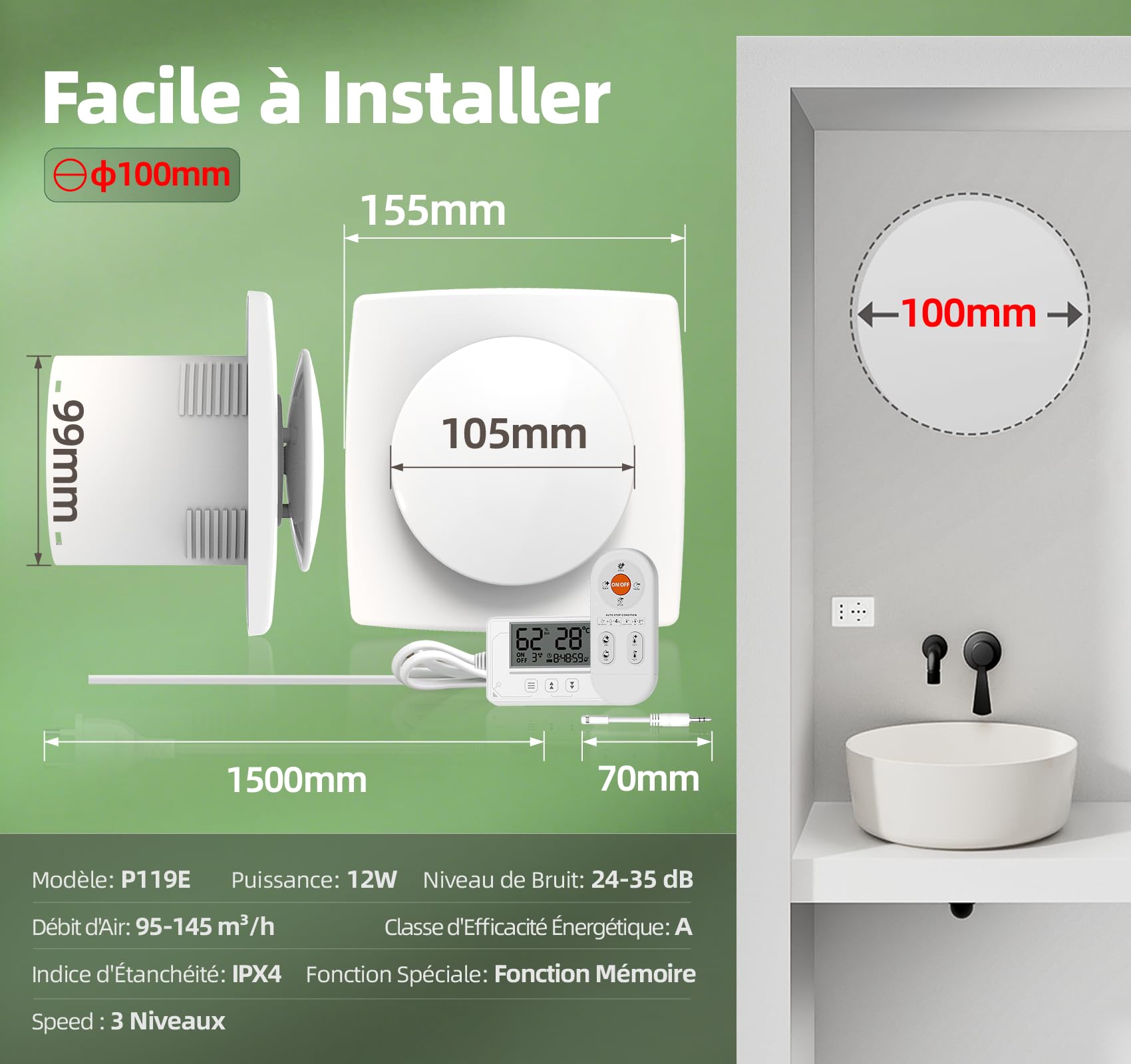 Ventilateur Extracteur d’air 100mm 5 Modes, 3 Vitesses, Télécommande, Affichage Température Humidité en Temps Réel, VMC Salle de Bain Hygroréglable, Silencieux et Puissant Aérateur dAir QU119