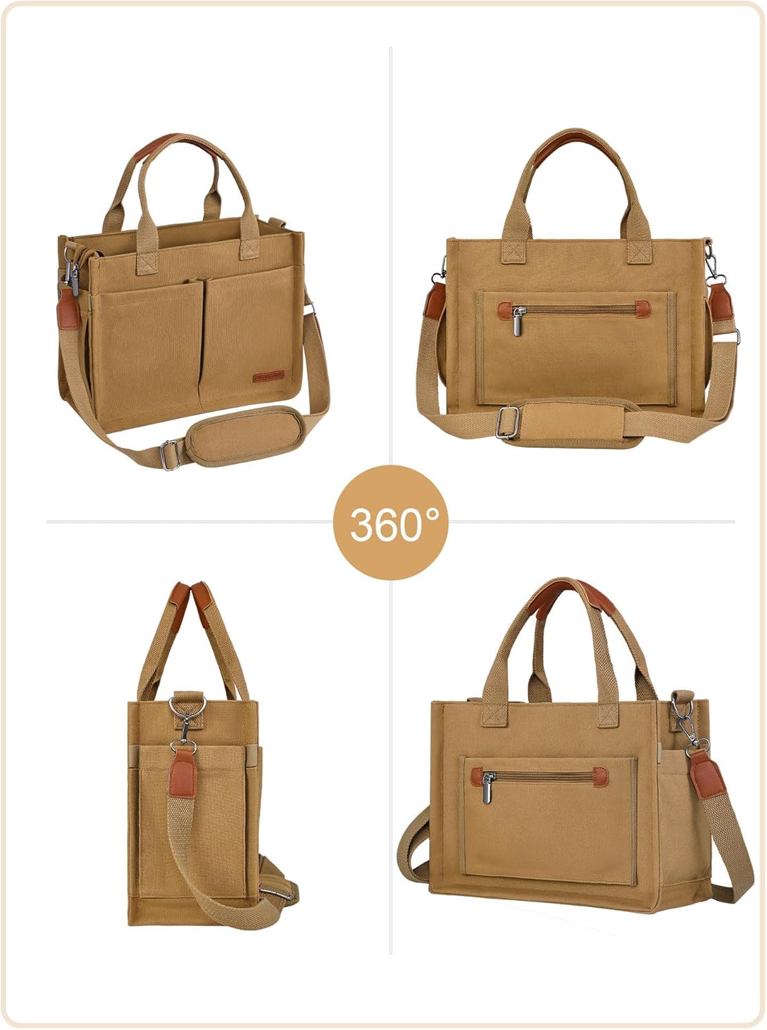 BESBESME Canvas Tote Bag for Women with Zipper & Compartments– Large Work & College Laptop Tote Crossbody Shoulder Bag - Image 6