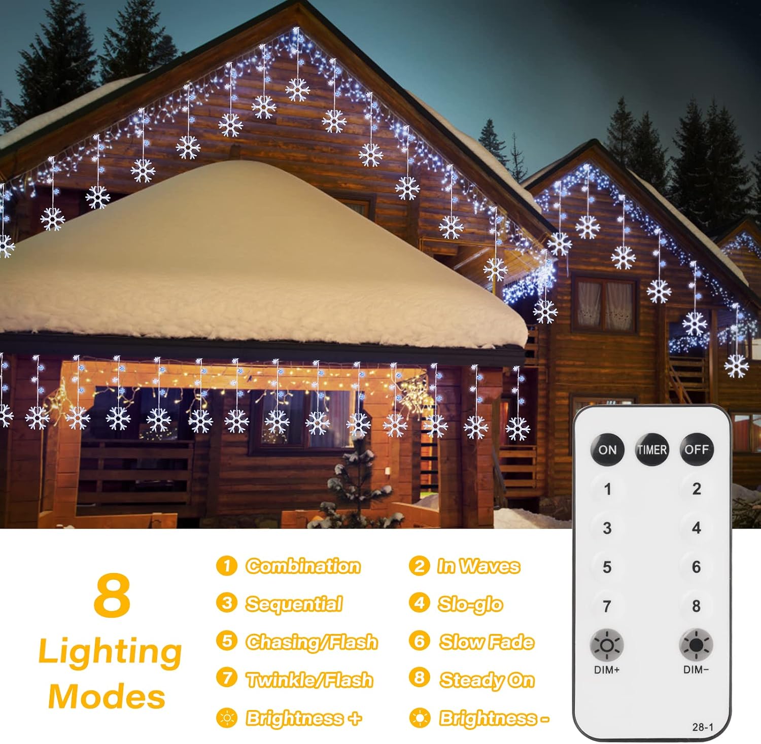 Christmas Snowflake Lights Outdoor Waterproof - 7 Ft. 8 Drops 80 LED Snowflake Icicle Lights with Remote , 8 Modes Twinkle Window Decoration for Xmas Holiday Eave Roof Porch (Blue and White)