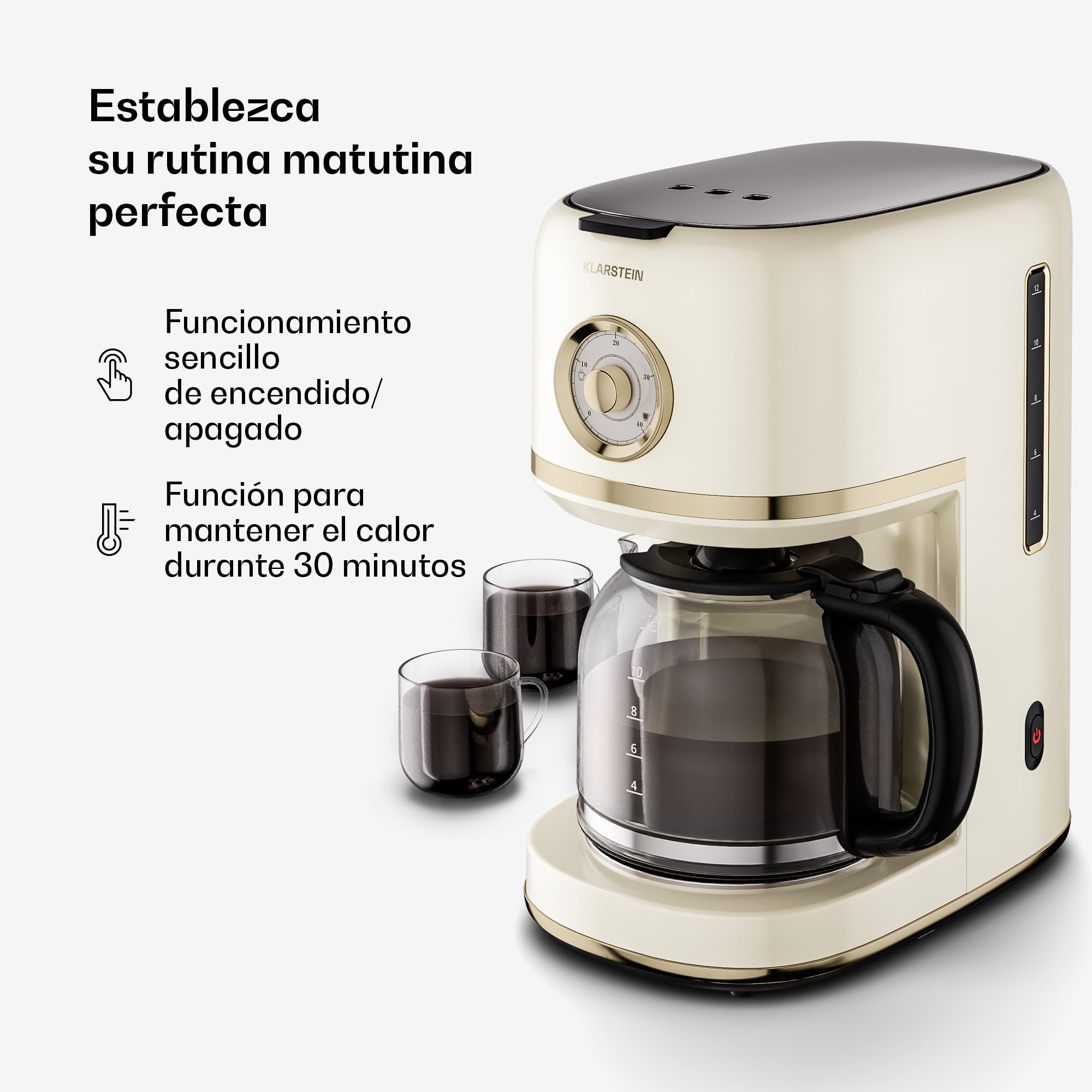 KLARSTEIN Cafetera de filtro Victoria - Cafetera de diseño retro, 1,5 L para hasta 12 tazas, función de mantenimiento del calor, sistema antigoteo, apagado automático