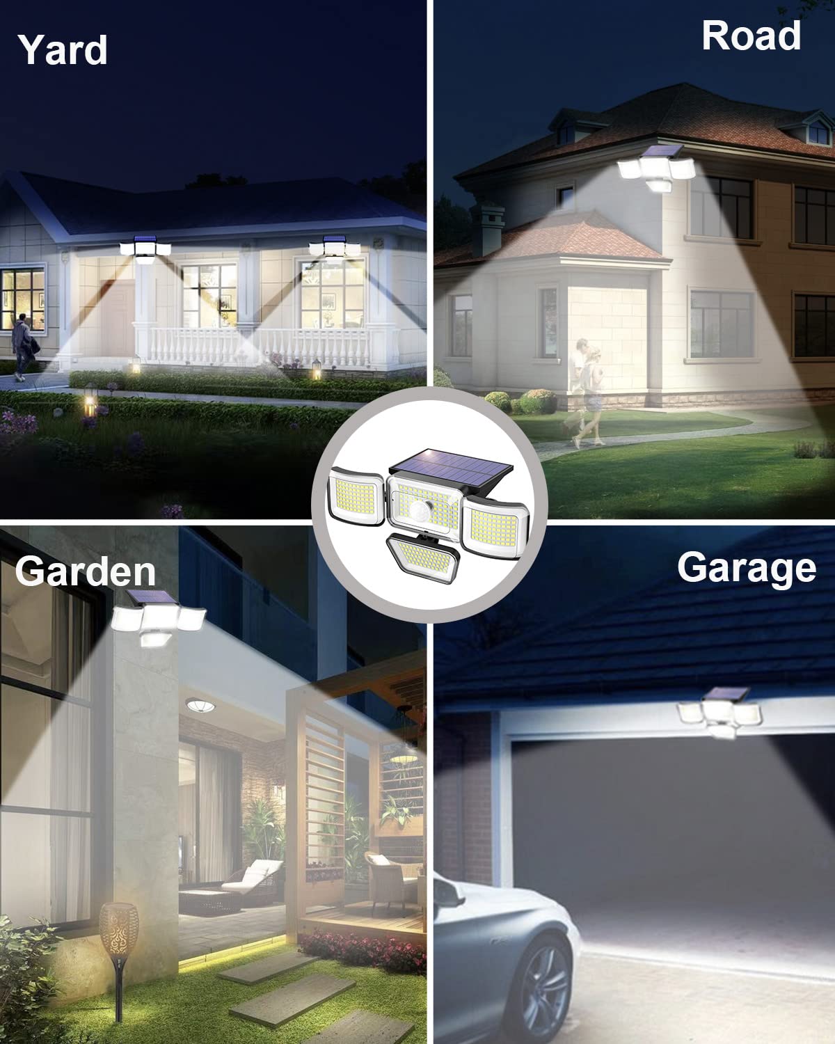 KHTO Solar Outdoor Lights,278LED 3000 Lumen IP65 Waterproof Motion Sensor Security Lights with Remote Control,3 Lighting Modes, 4 Heads Solar Wall Lamp for Garden Patio Yard (2Pack)