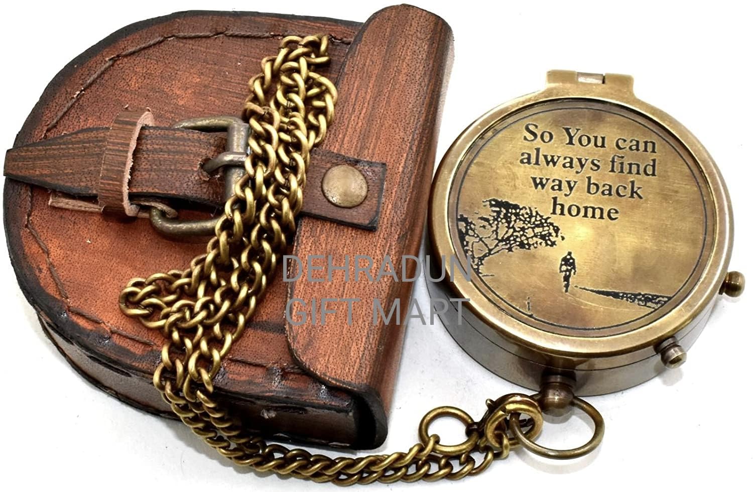 Bussola in ottone con incisione "So You Can Always Find Your Way Back Home" con scatola in legno e catena, bussola tascabile ispiratrice nautica per escursionismo, campeggio, viaggi