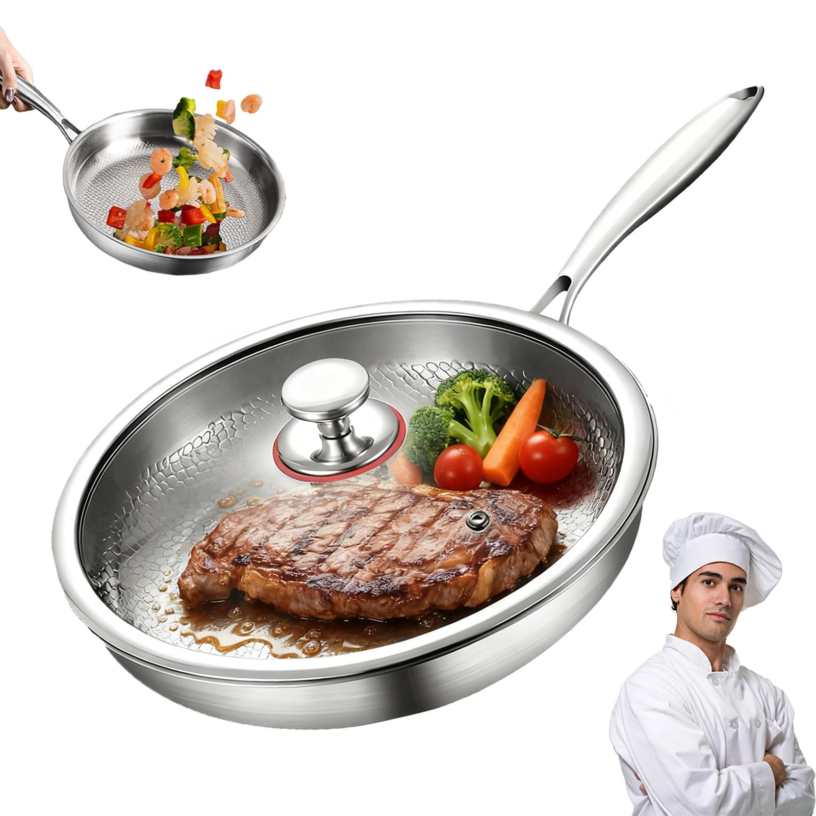 Padella Titanio Puro, Padella Titanio y Set di Spatole in Lega di TitanioOpzionalem, Antigraffio, Compatibile con Tutti i Piani Cottura (28cm-con coperchio)
