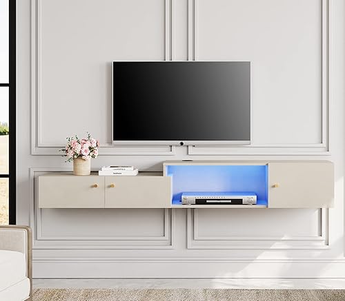 WAMPAT Soporte de TV flotante con estación de carga, centro de entretenimiento montado en la pared con luz azul con almacenamiento, centro de