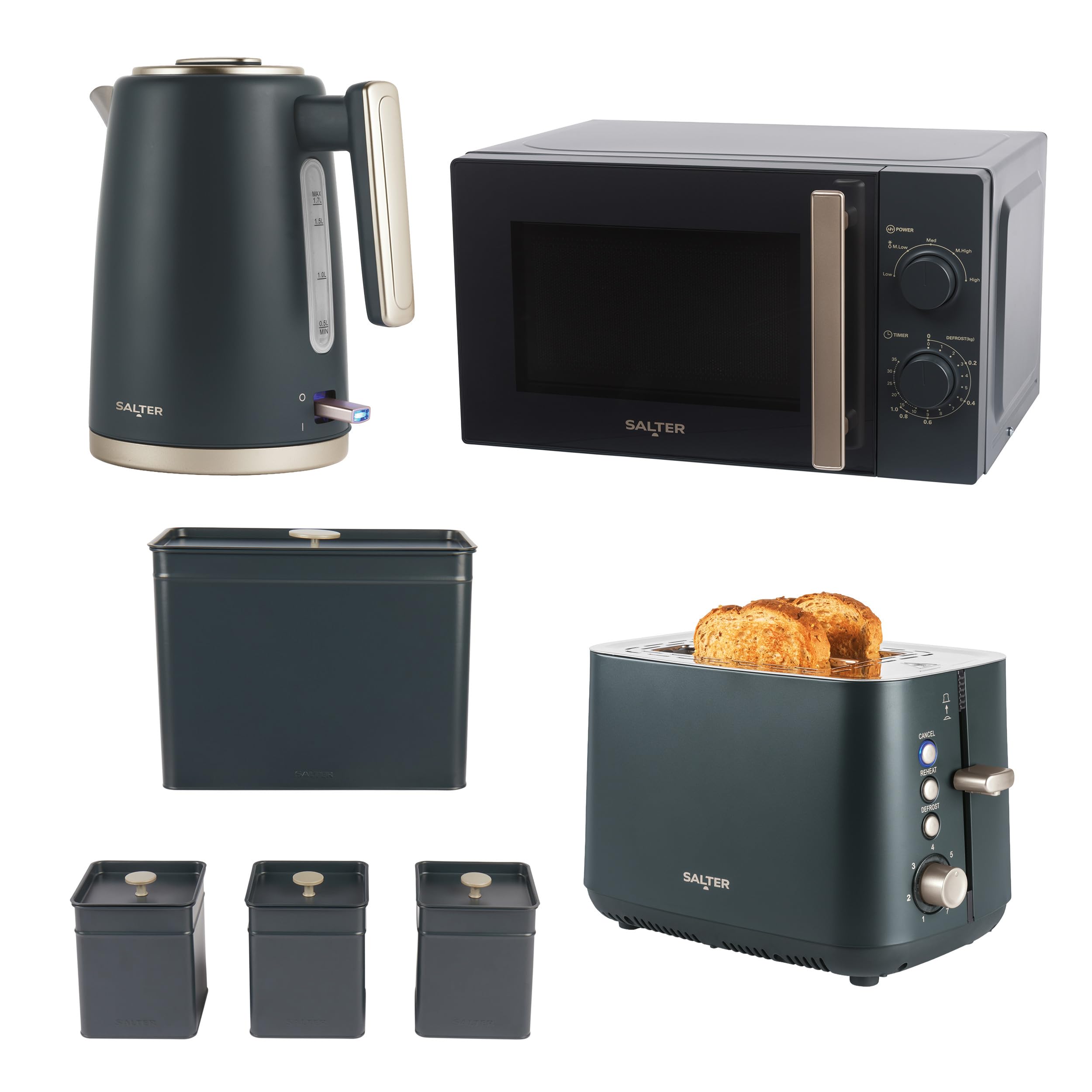 Salter Marino 4-Piece Kitchen Set – 1.7L 3KW Kettle, 925W 2-Slice Toaster, 20L Manual Microwave & Bread Bin/Tea/Coffee/Sugar Countertop Set, Easy Clean, Durable Blue/Grey Design