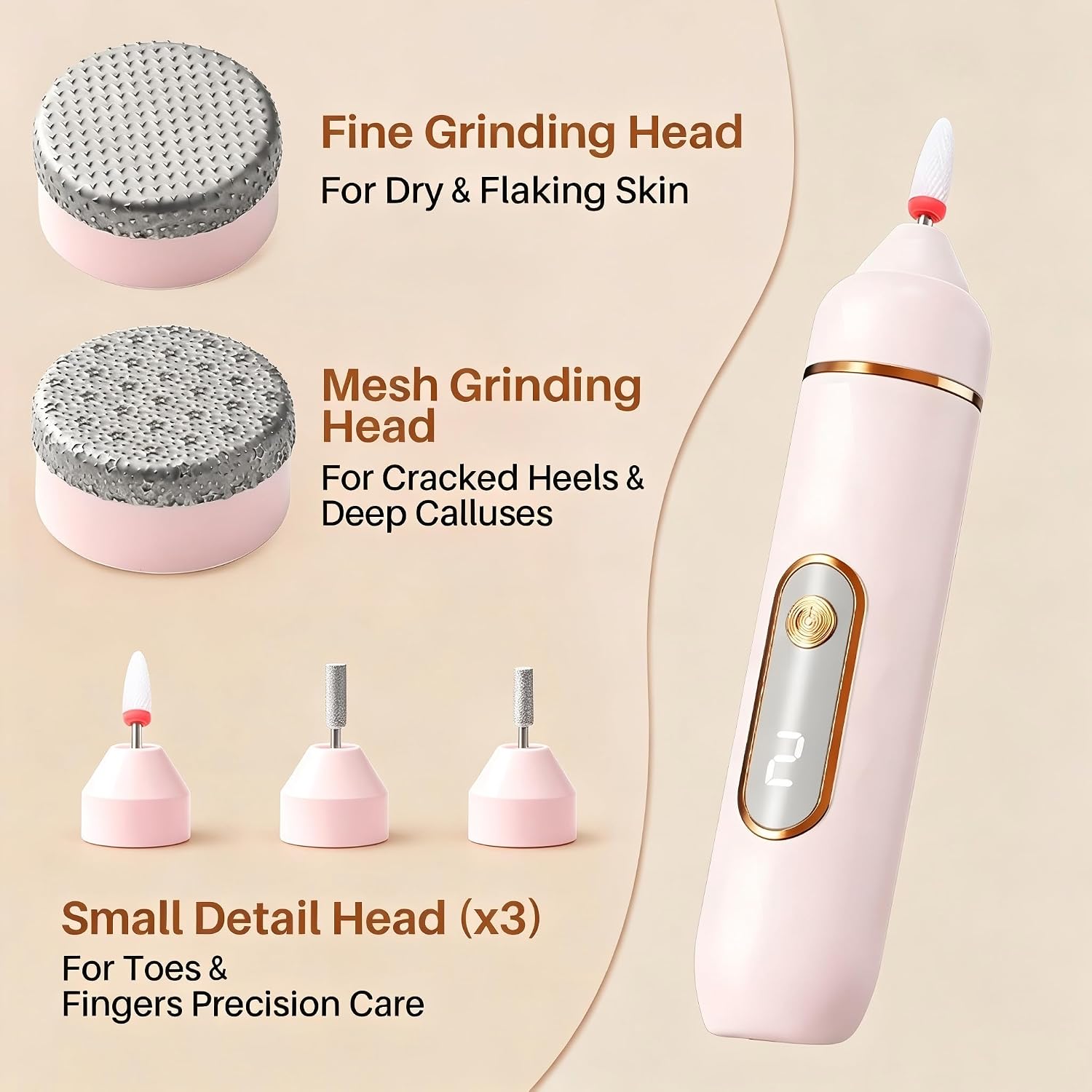 Electric Callus Remover for Feet, 2 Speeds (1300/1500 RPM) – 5 Interchangeable Heads, USB-C Rechargeable, Washable, Professional Dead Skin Removal for Heels & Feet (Pink)