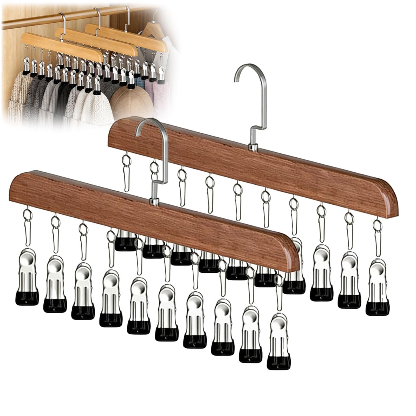 Cintres en bois pour accessoires et sous-vêtements avec crochet rotatif (Lot de 3)
