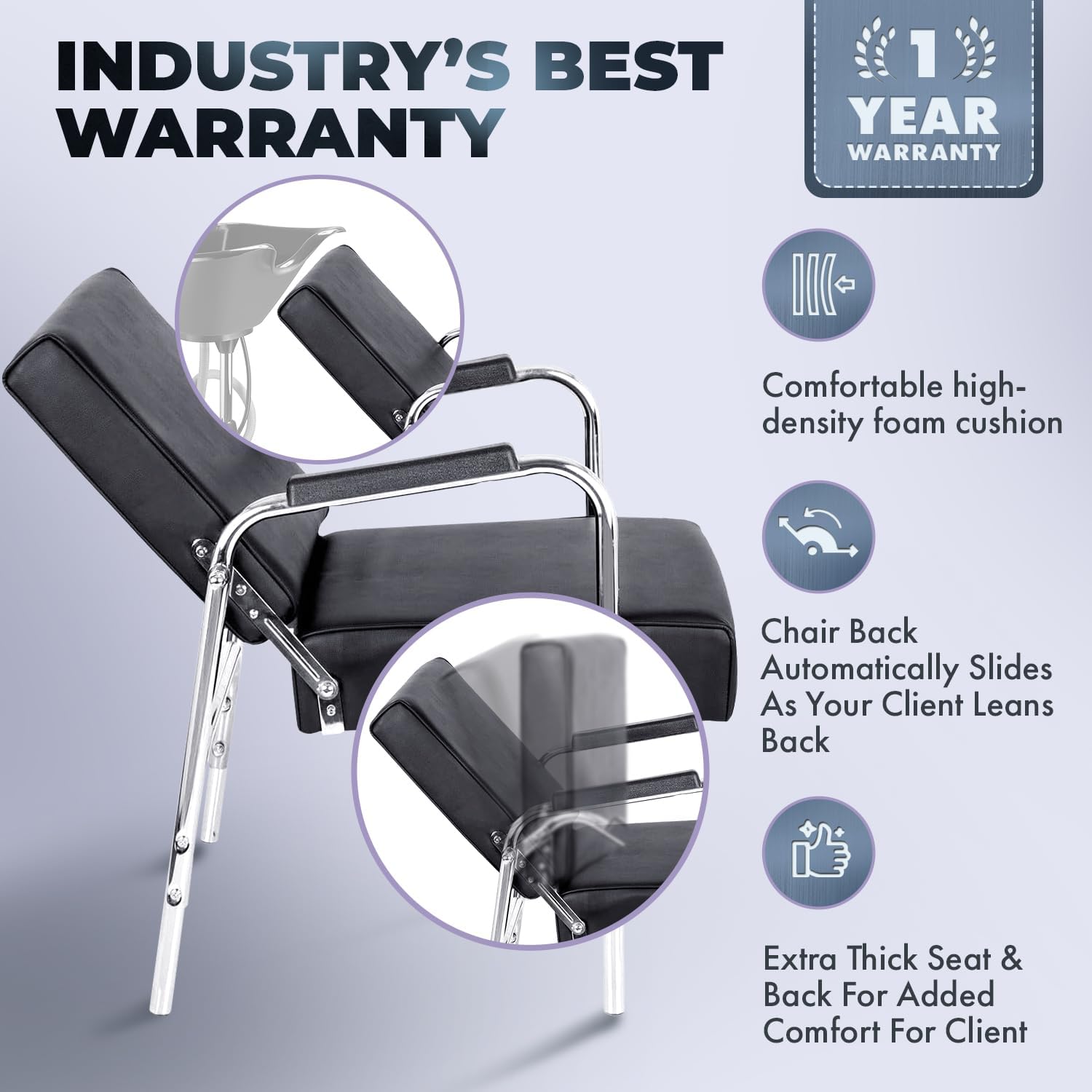 Pibbs 978 Auto-Recline Shampoo Chair – Heavy-Duty Chrome Arms, Extra Thick Seat & Backrest for Client Comfort, Black Vinyl – Professional Salon & Barbershop Reclining Chair – Model PIB-978