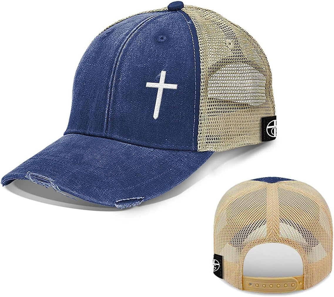 Embroidered Cross Christian Trucker Hat - Adjustable Fit Cotton Snapback Hat - Breathable Mesh Side for Casual Wear