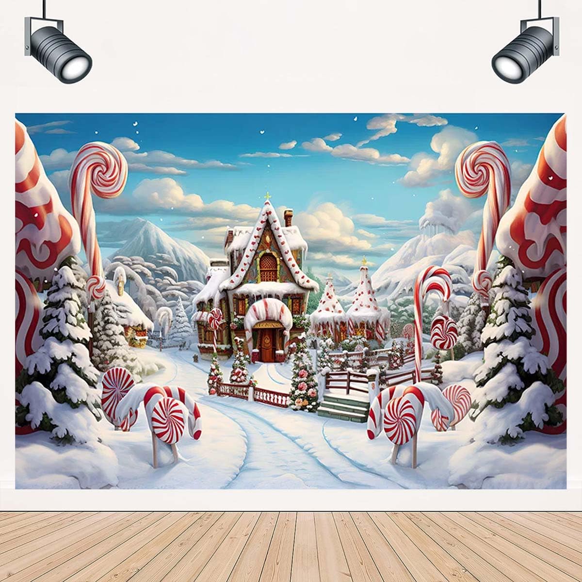 Sfondo fotografico, motivo: canne di Natale, caramelle, terra, inverno, neve, festa di Natale, ritratto di famiglia, sfondo decorativo, Buon Natale, Capodanno, sfondi fotografici per feste in famiglia
