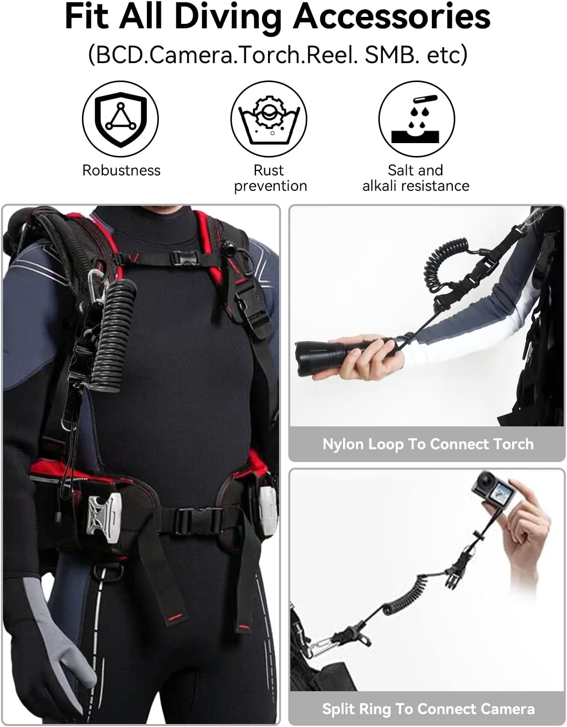 EEBBL Scuba Diving Lanyard, Heavy Duty Diving Lanyard with Clip, Stainless Steel Spring Coiled Lanyard