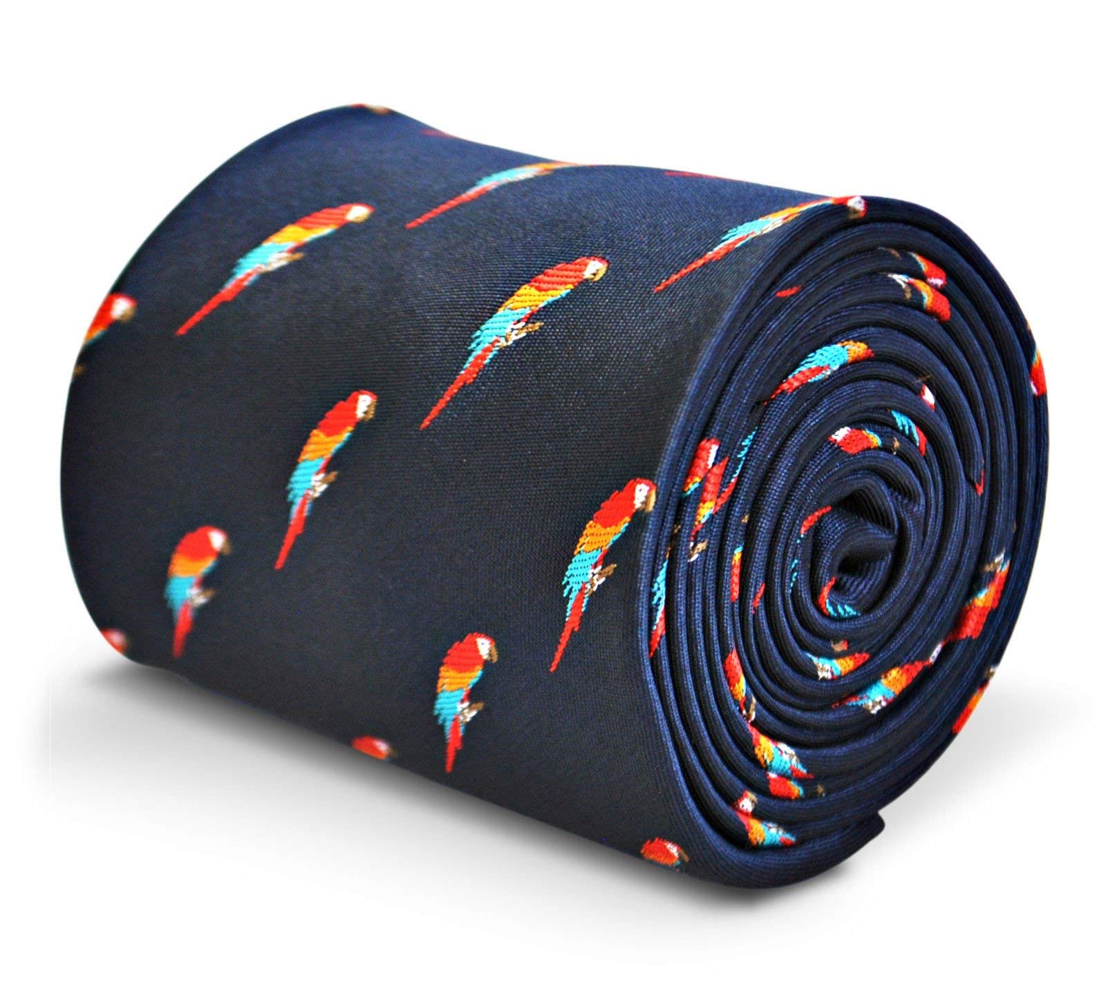 Navy blue men’s tie with colourful parrot pattern, perfect for office, formal events, weddings, dinner parties, tailored finish, versatile accessory for smart stylish looks, classic 8cm width