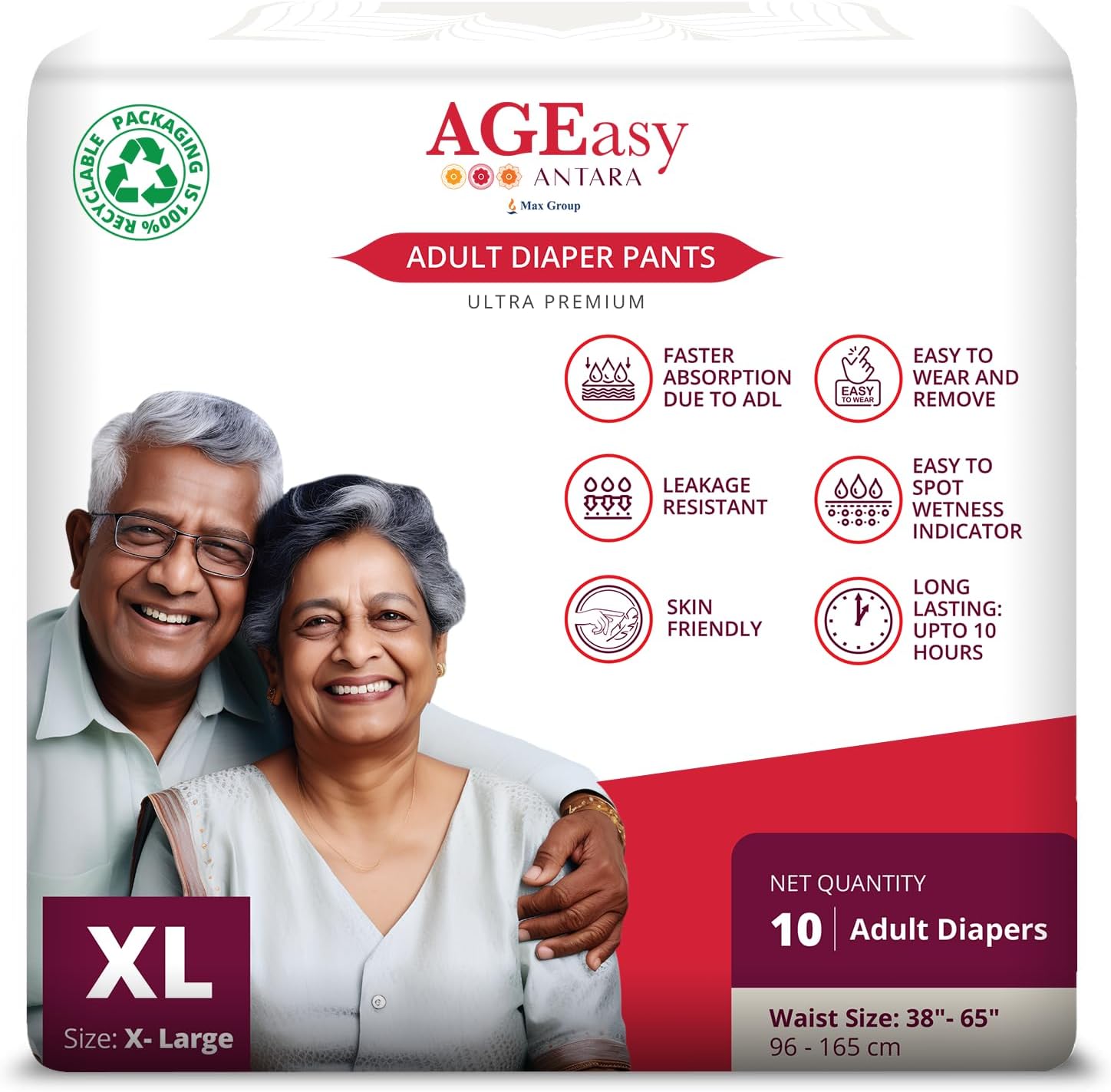 (Max Group) Unisex Adult Diaper Pants with Wetness Indicator | Odour Lock & Anti-Bacterial | Skin Friendly Pant Style Diapers for Easier Wearing & Removal | Pack of 1 (10 Count) (XL)