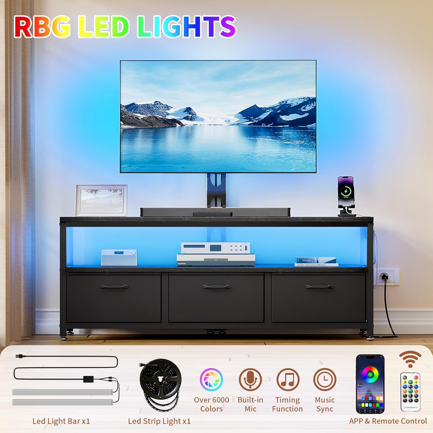 JUSTOGO TV Stand with Mount and Power Outlet, TV Stand Mount with Storage for Living Room, Entertainment Center with LED Lights for 45/55/60/65 inch, Height Adjustable Media Console, Black - Image 2