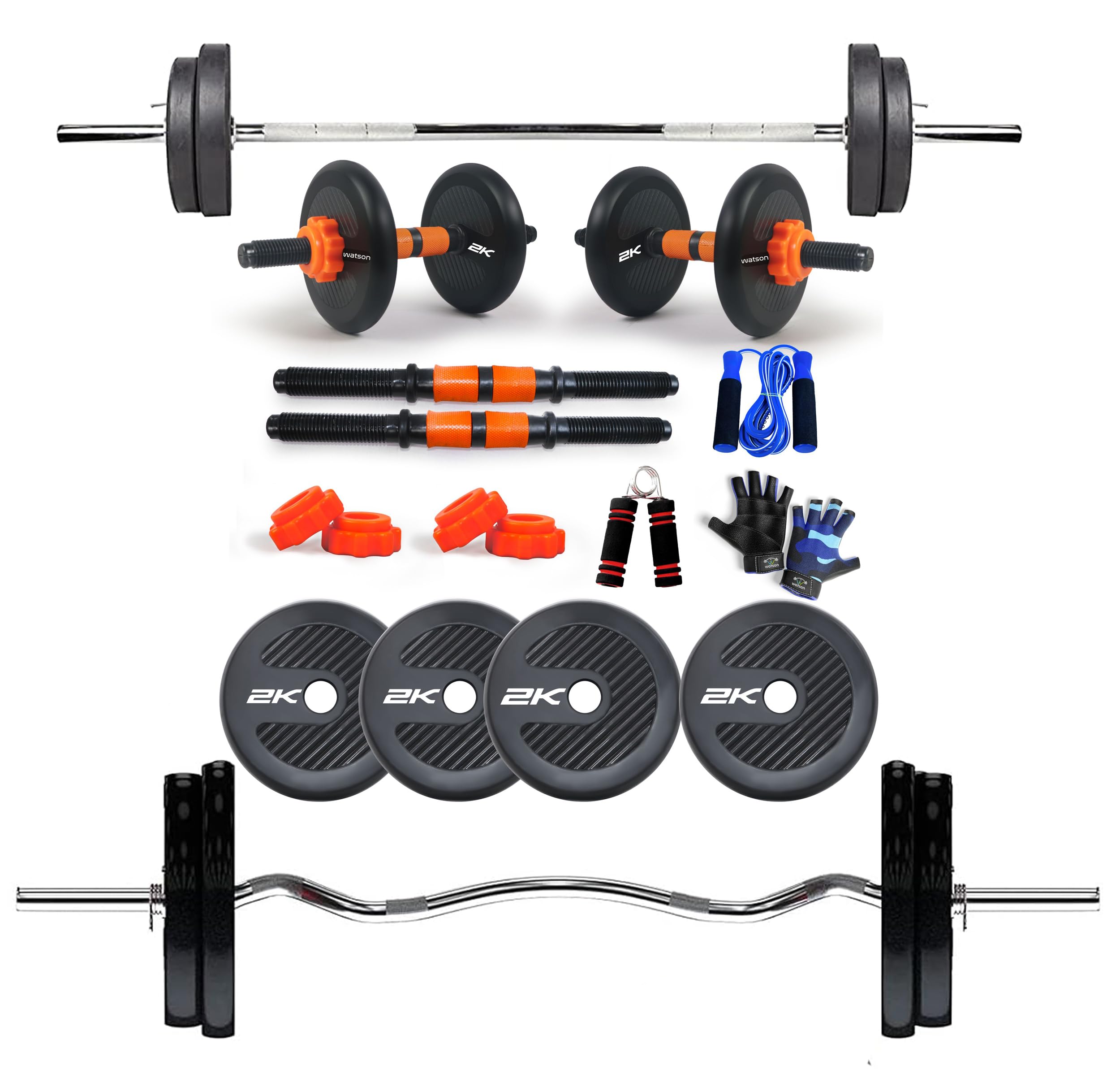 WATSON Premium Home Gym Set for Men & Women, Home Gym Combo with Rubber Weight Plates, 25mm 3Ft Curl bar, 3Ft Straight Bar, Hard PVC Dumbbell Rods, Gripper, Skipping Rope & Gym Gloves (8 KG Combo)