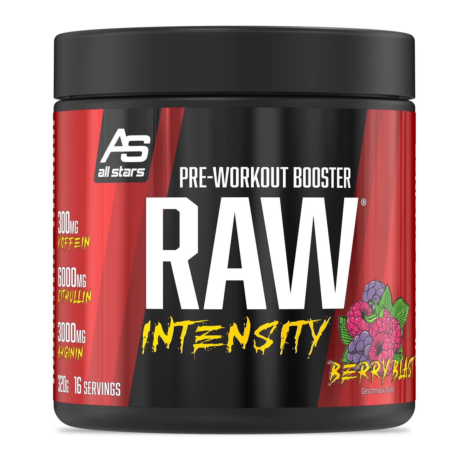 All Stars Raw Intensity Pre Workout Booster Berry Blast I Fitness-Pulver mit Aminosäuren & Pflanzenextrakt I Energy Drink mit Koffein & Taurin I Shake fettarm & zuckerarm