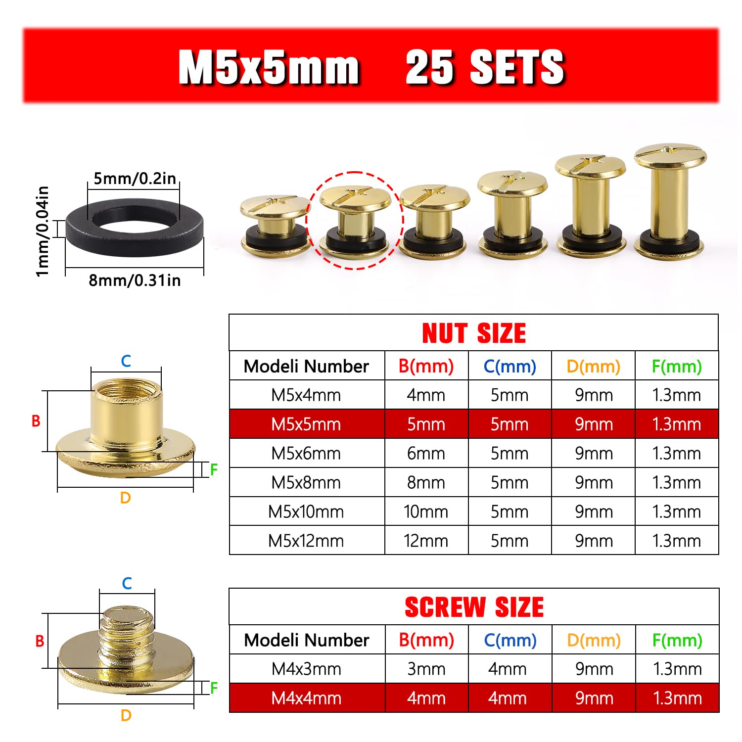 YIXISI 25 Set M5x5mm Chicago Binding Screws Kit, Book Binding Rivets, Leather Rivets, Binding Screws Posts - Image 2
