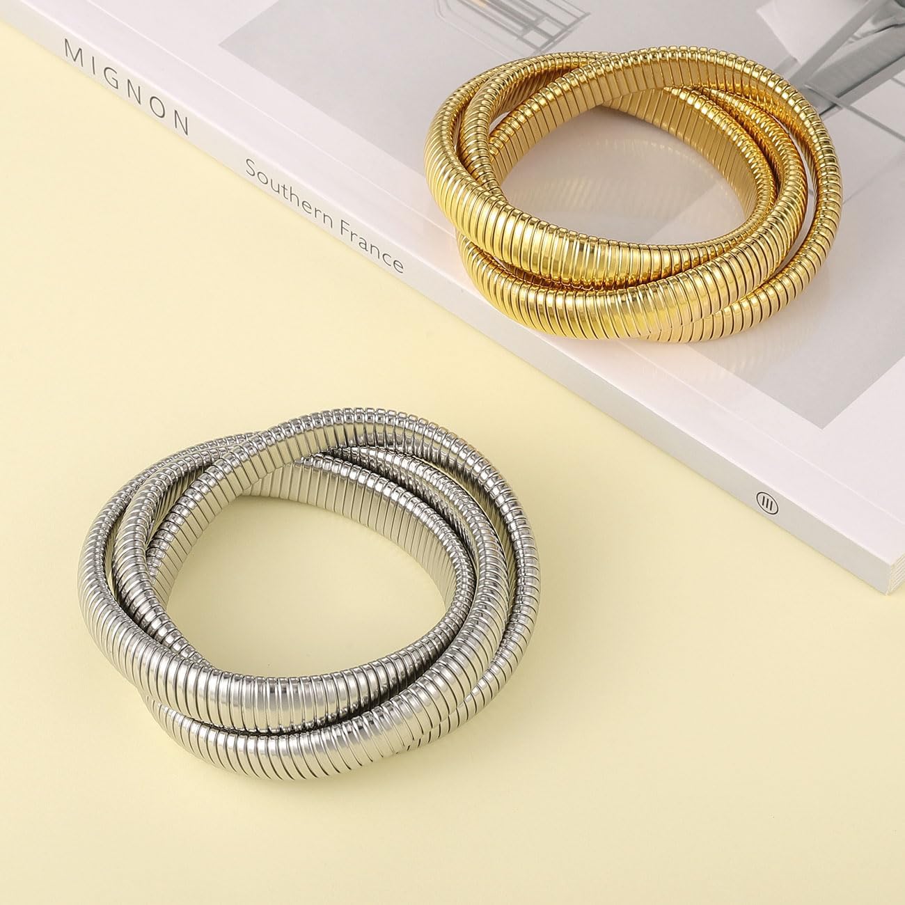 Emibele Gold Bangles Bracelet Set for Women, 18K Gold Plated Chunky Stainless Steel Non Tarnish Stretch Bracelet Stack, Flexible Wide Wristband Bangle Layered Snake Chain Bracelets - Image 8