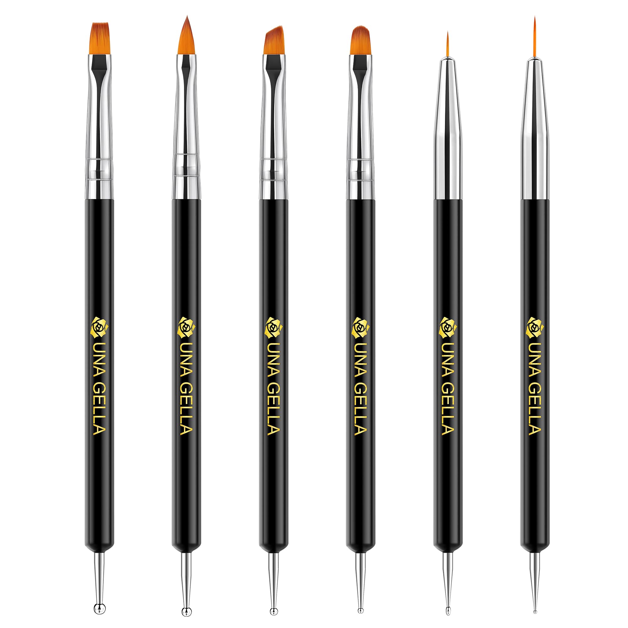 UNA GELLA Nail Art Brushes Set 6PCS Black Color Double-ended Acrylic Nail Design Brush Set Nail Dotting Tools