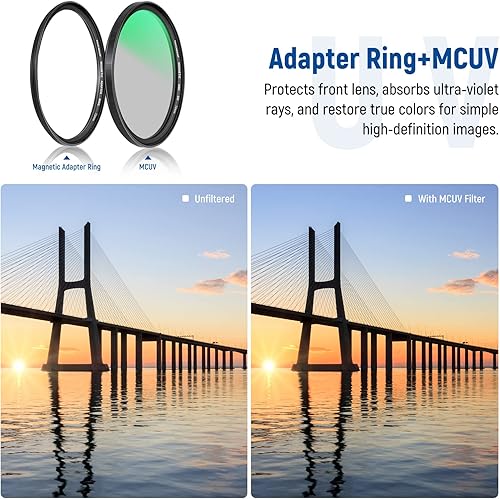 Miniatura 4 de NEEWER Kit de filtro de lente magnética 5 en 1 de 2.835 in, incluye densidad neutra ND1000+MCUV+CPL+anillo adaptador+tapa de filtro con