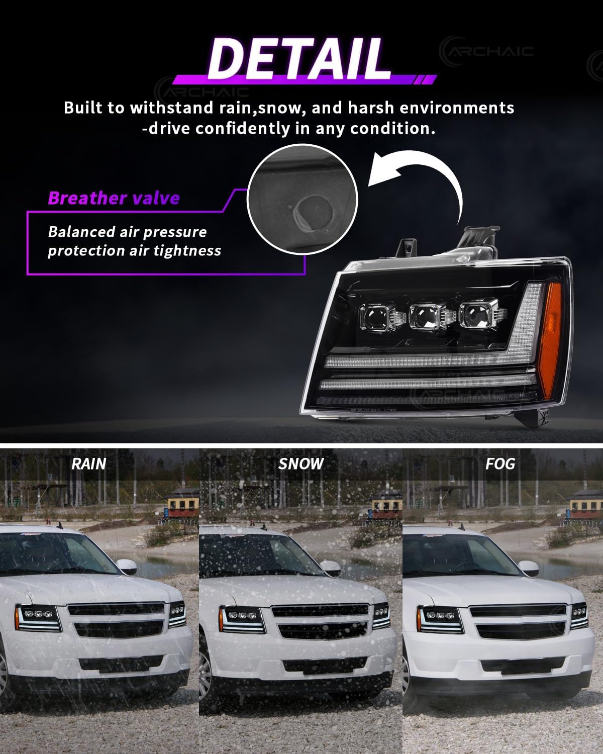 Archaic Headlights Compatible for 2007-2014 Chevy Tahoe/Suburban / 2007-2013 Avalanche,Front Lights w Sequential turn signal & Startup Animation DRL, Pair