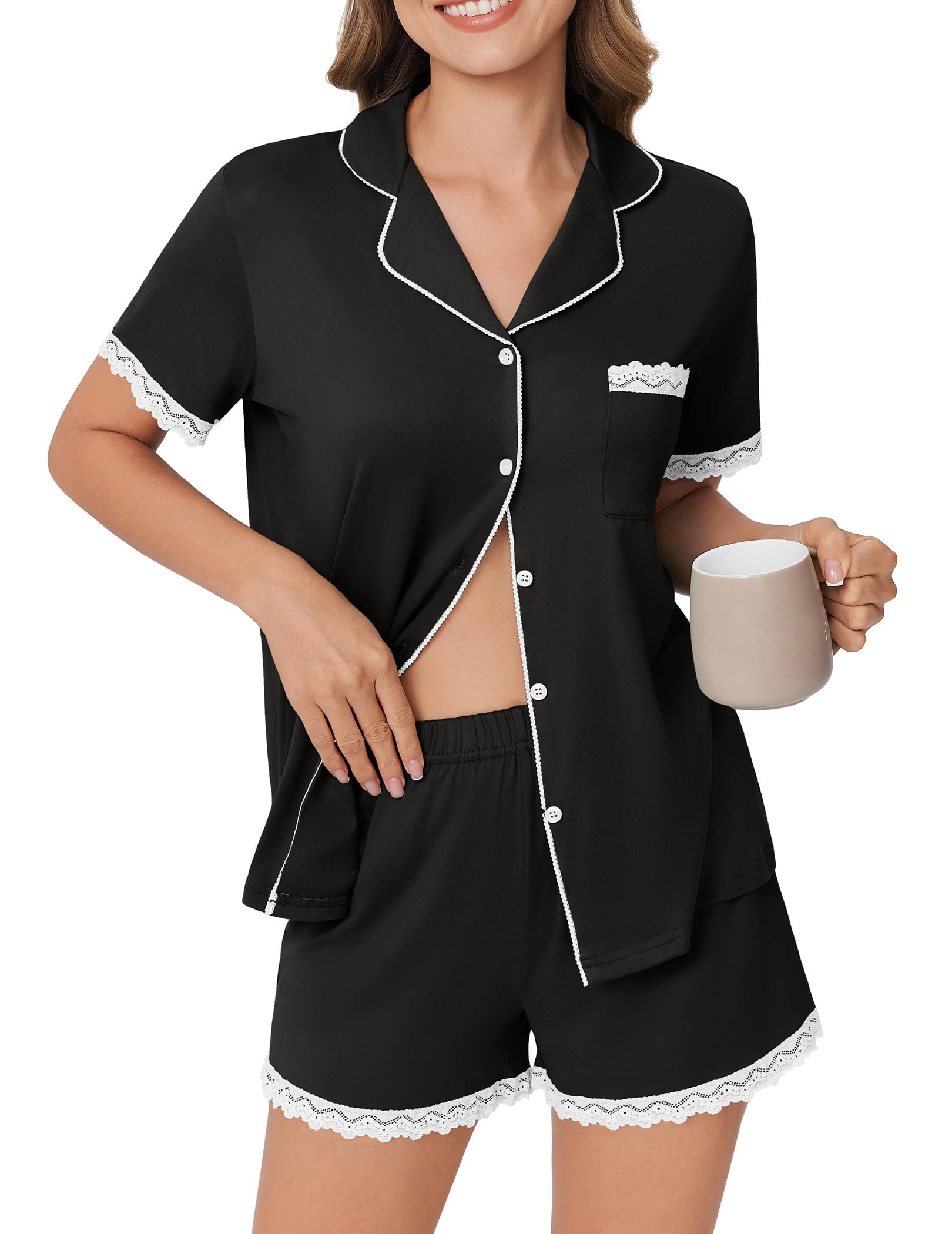 Ekouaer Womens Short Sleeve Pajamas Set Soft Sleepwear Button Down Lounge | Lace Top and Shorts Pj Nightwear