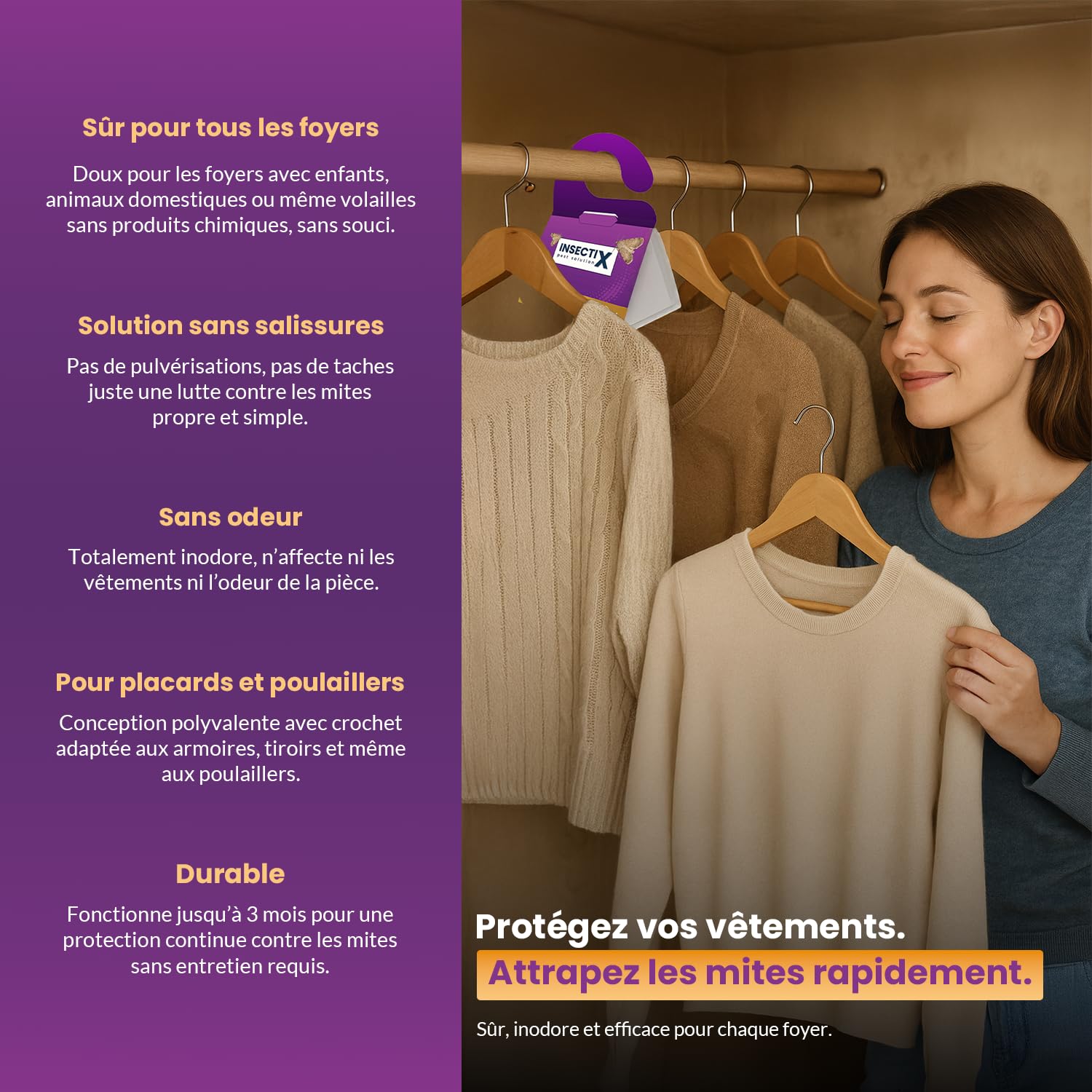 Pièges à mites textiles – Lot de 6 détecteurs sans odeur, non toxiques avec phéromones – Pour armoires, tiroirs, tissus & rangements – Sans danger pour les enfants et les animaux