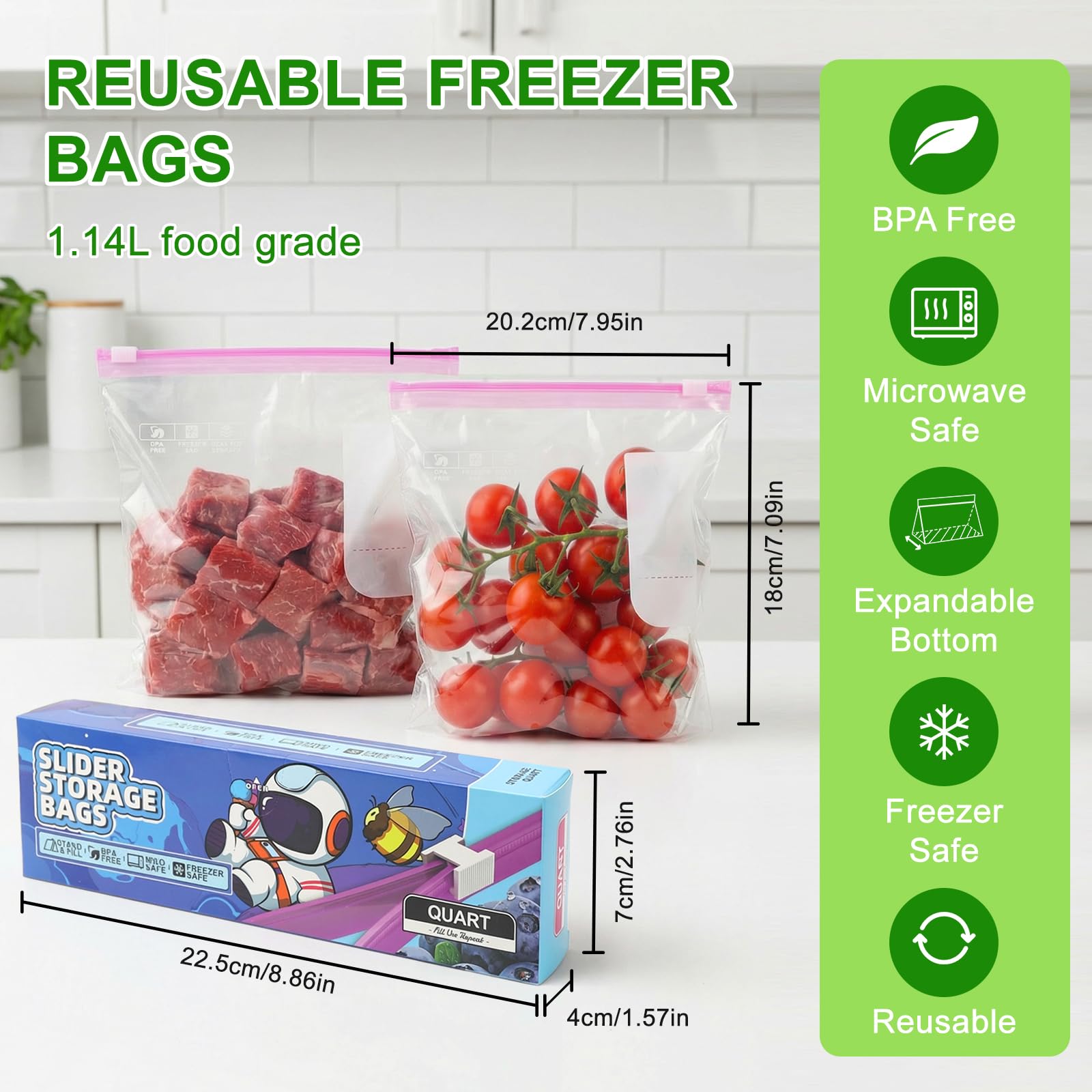 60 Piezas Bolsas Congelacion, 20,2 x 18 cm Bolsas Zip para Congelar, Alimentos Herméticas Reutilizables con Parte Inferior Expandible, Ziplock Bag Para Carne, Frutas y Verduras - 2