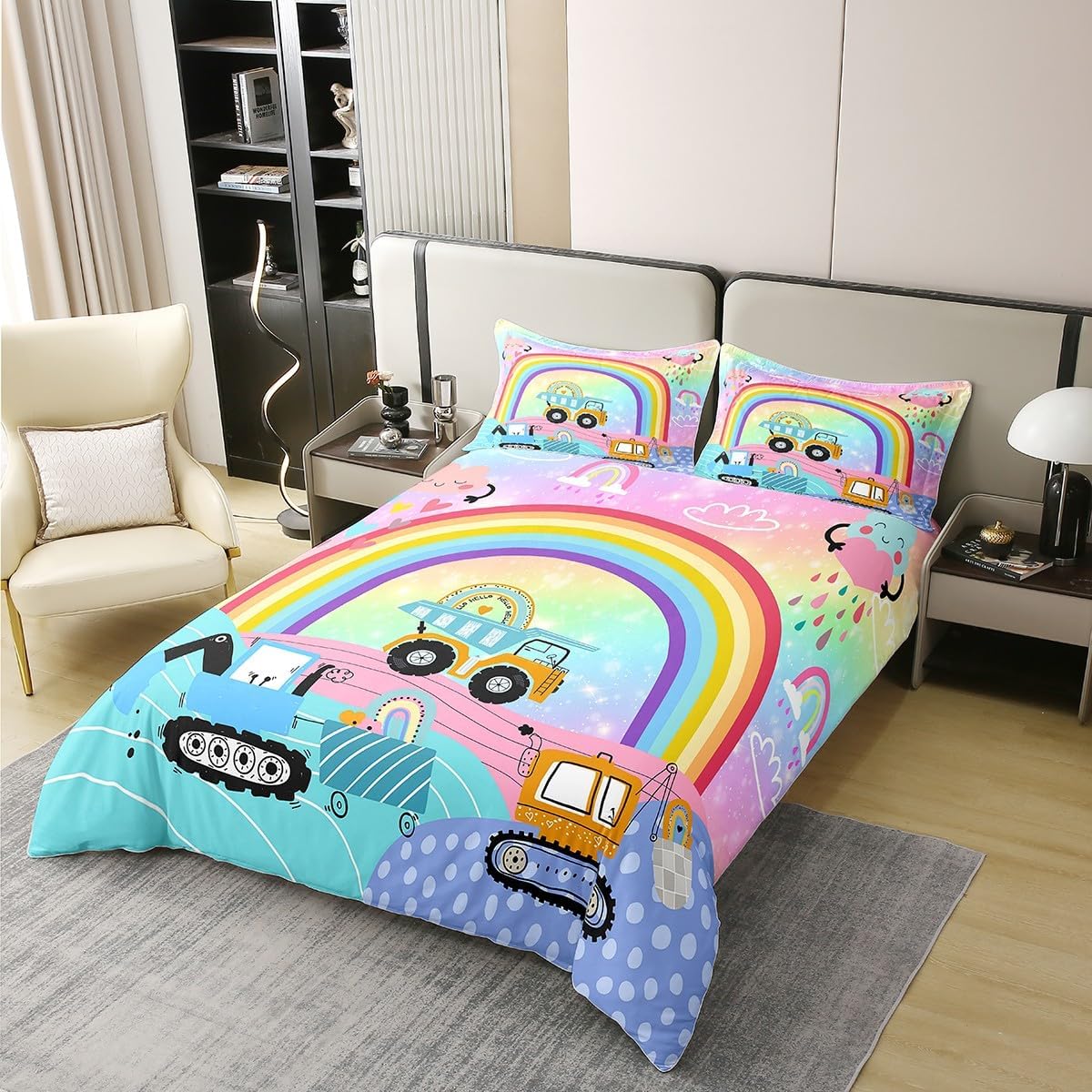 Erosebridal 100% Natural Cotton Construction Comforter, Rainbow Bedding Duvet Cover Cartoon Excavator Vehicle Bedding,Reversible Tractor Bedding Kawaii Decor Queen