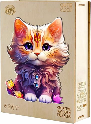 Miniatura 8 de Rompecabezas de madera, con forma de gato linda, 190 piezas de 11 x 8.7 pulgadas. Rompecabezas ecológico con forma de animal único, regalo de