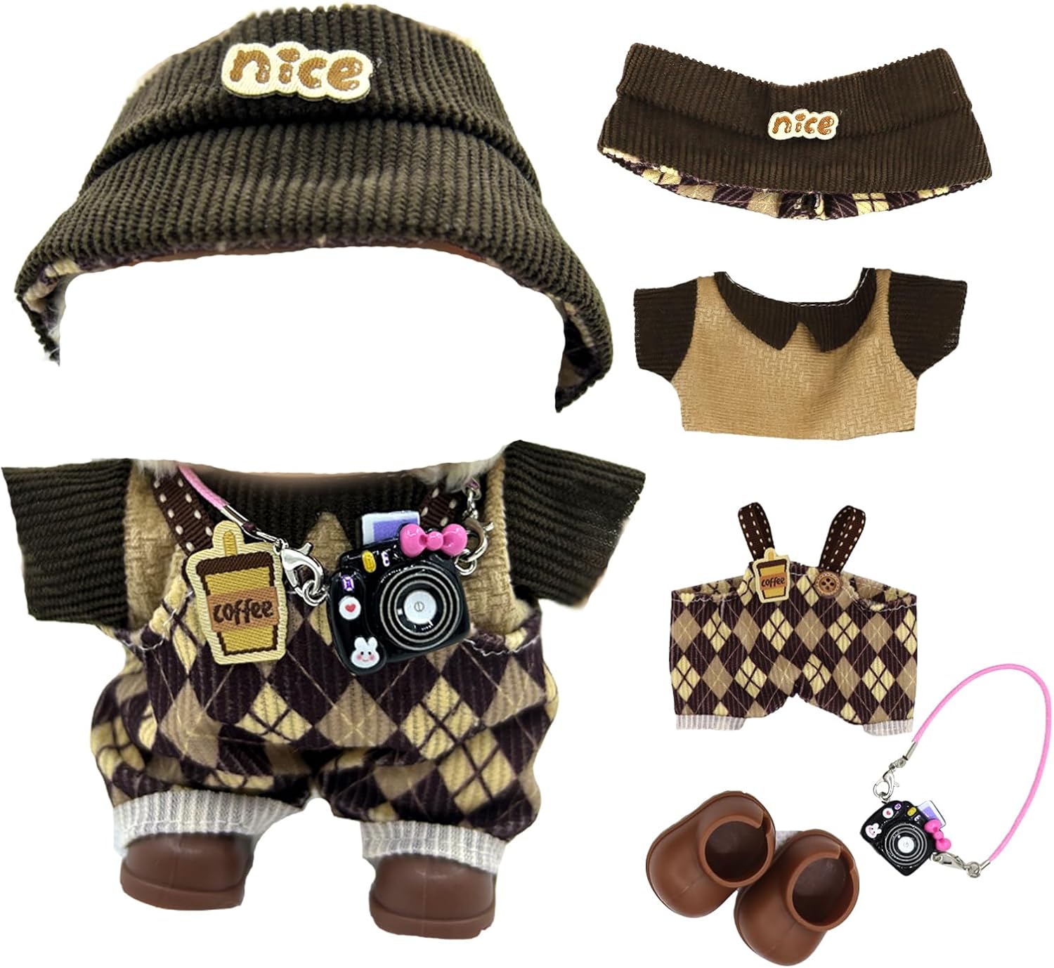 17cm Doll Clothes Set Compatible with Labubu, Luxury Chic Handmade Dolls Outfit with Dolls Camera Shoes, Dress up Unique Style Cute Nice Hat Clothes Accessories Suit (No Doll)