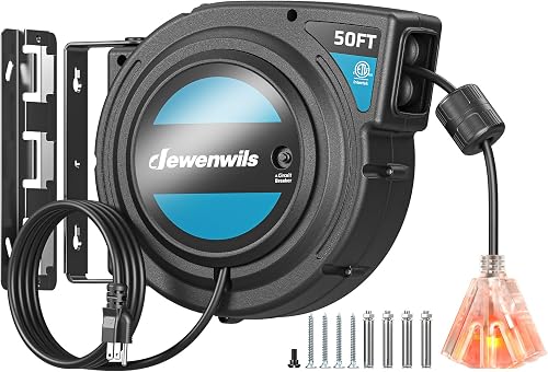 DEWENWILS Retractable Extension Cord Reel, 50 FT 14/3C SJTOW Heavy Duty Power Cord with Lighted Triple Tap Outlet, 180° Swivel Bracket for Ceiling/Wall Mount, 13A Circuit Breaker, ETL Listed, Black